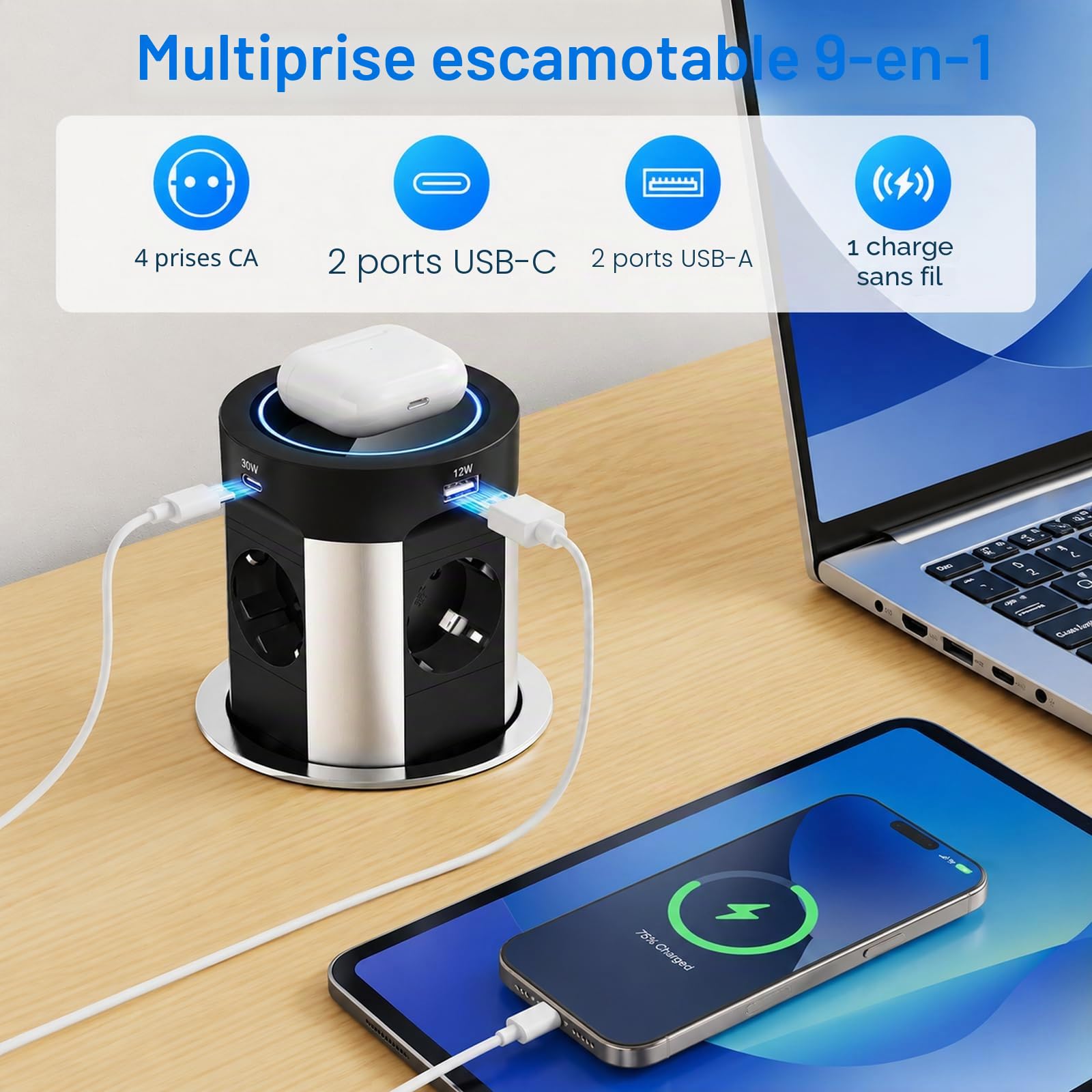 Prise escamotable Plan de Travail avec 2 USB-C 75 W Total, Qi 15 W, Ø100 mm | Multiprise encastrable à pression, 4 prises secteur, 2 USB-A 45W+30W, câble 1,8 m, cuisine et îlot central, noir