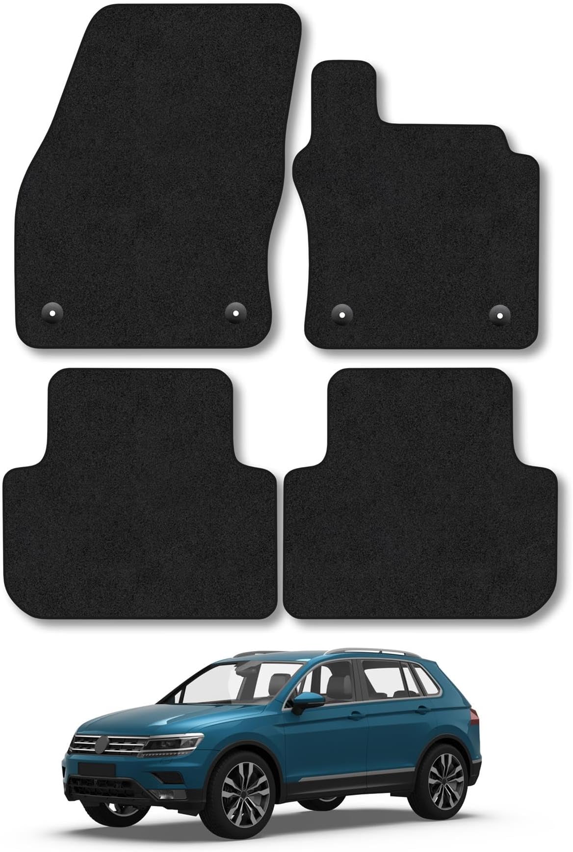 VW Tiguan (2016-2024) Car Mats Accessories Tailored Fit Carpet Floor Mats Non Slip Black Trim Full Coverage Compatible Accessory Front Rear Set Anti Slip Granulated Backing Hand-Finished Clips