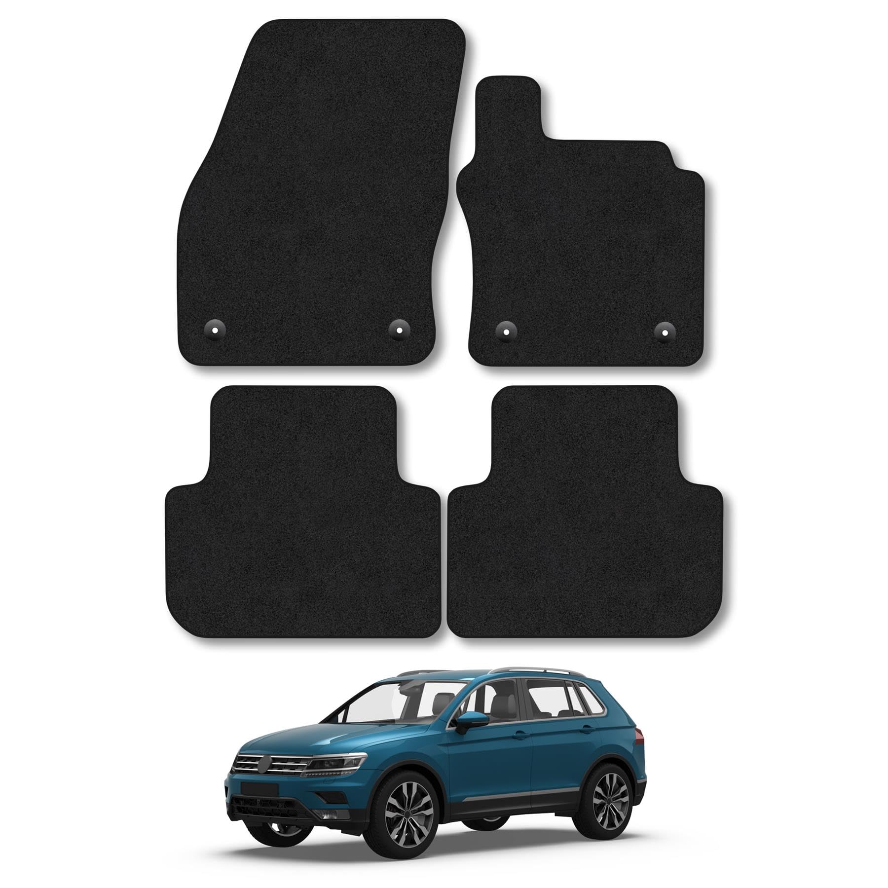 VW Tiguan (2016-2024) Car Mats Accessories Tailored Fit Carpet Floor Mats Non Slip Black Trim Full Coverage Compatible Accessory Front Rear Set Anti Slip Granulated Backing Hand-Finished Clips