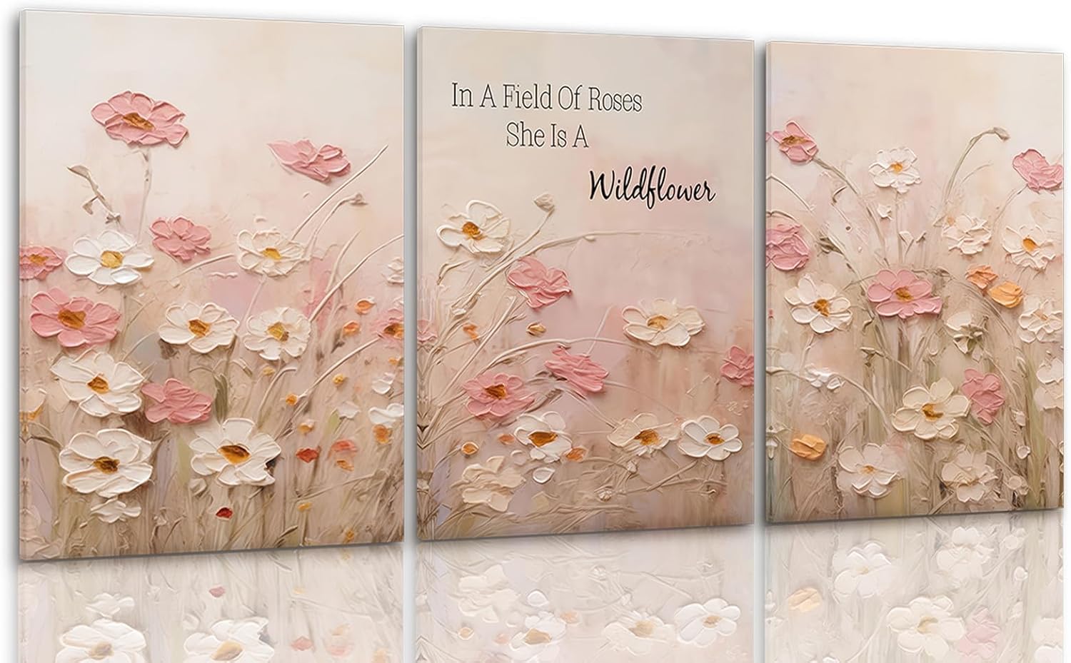 3 Pcs Pink Vintage floral Wall Art Colorful Wildflowers Oil Painting Style Poster Print Botanical Farmhouse Sentence Picture Wall Decor Artwork for Girl Room Bedroom Bathroom Inspirational Home Decoration (Stretched Canvas On A Wooden Frame)