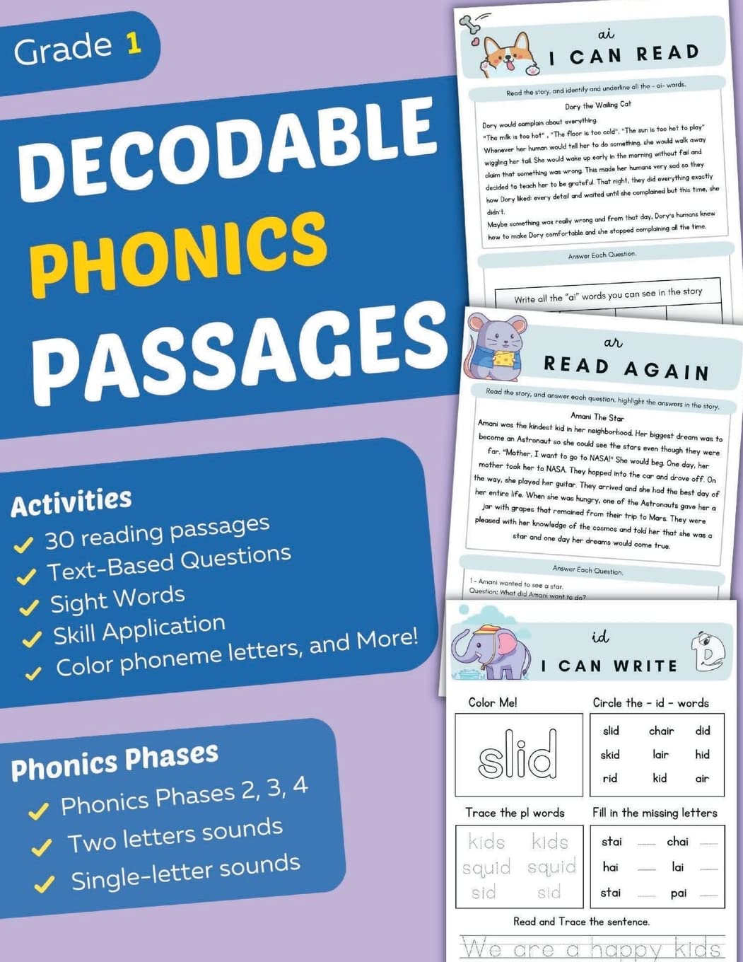 Decodable Phonics Passages Grade 1: Improve Reading and Comprehension Skills for Kids, Decodable Texts and Dyslexia Activities with Phonics and Sounds ... 3, 4 (Comprehension Passages Book Ages 6-7 )
