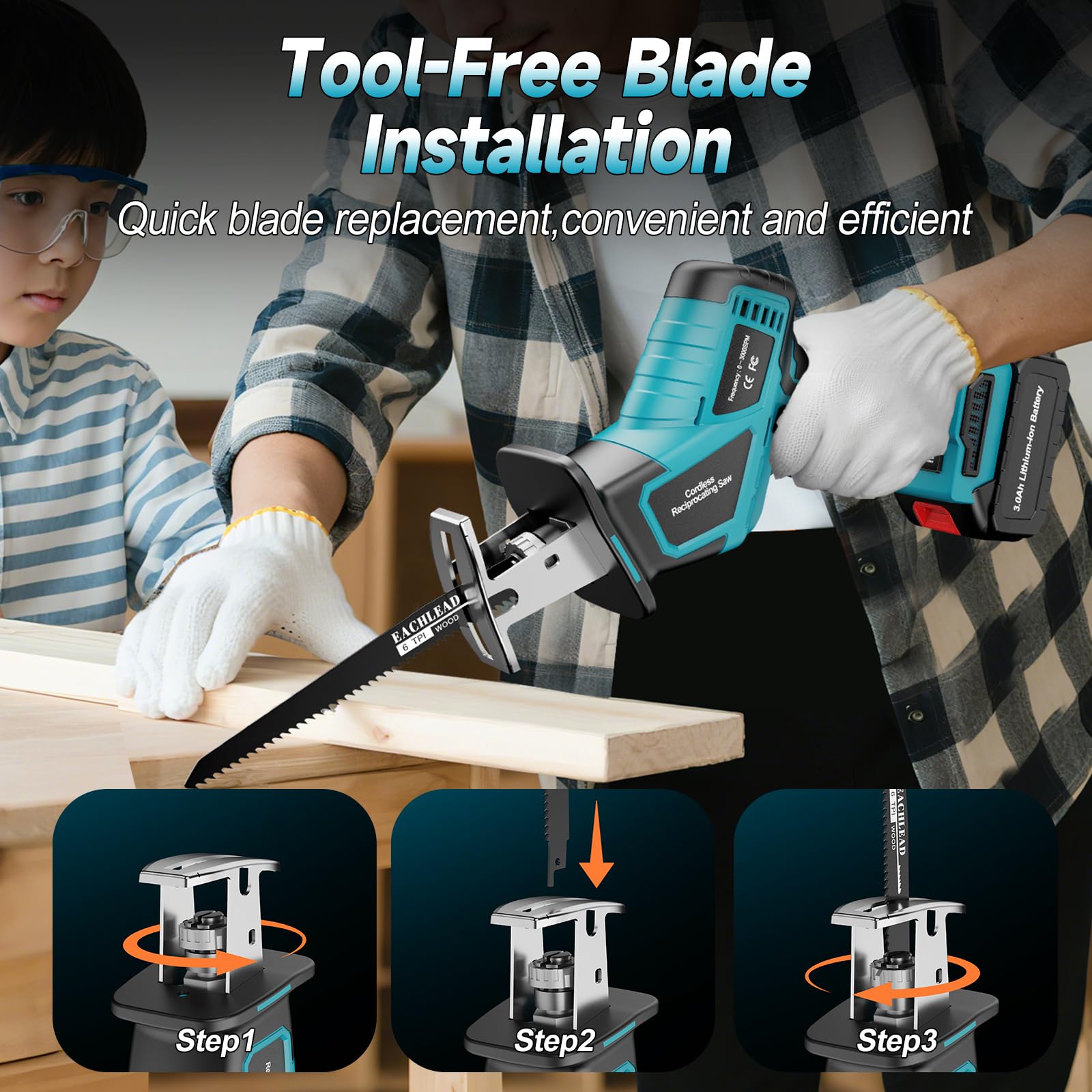 Scie sabre sans fil Compatible avec Batterie Makita 18V, 6 Vitesses Jusqu'à 3500 SPM Scie alternative Electrique avec 2×3.0Ah Batterie, 4 Lame, et Pour Bois et Métal