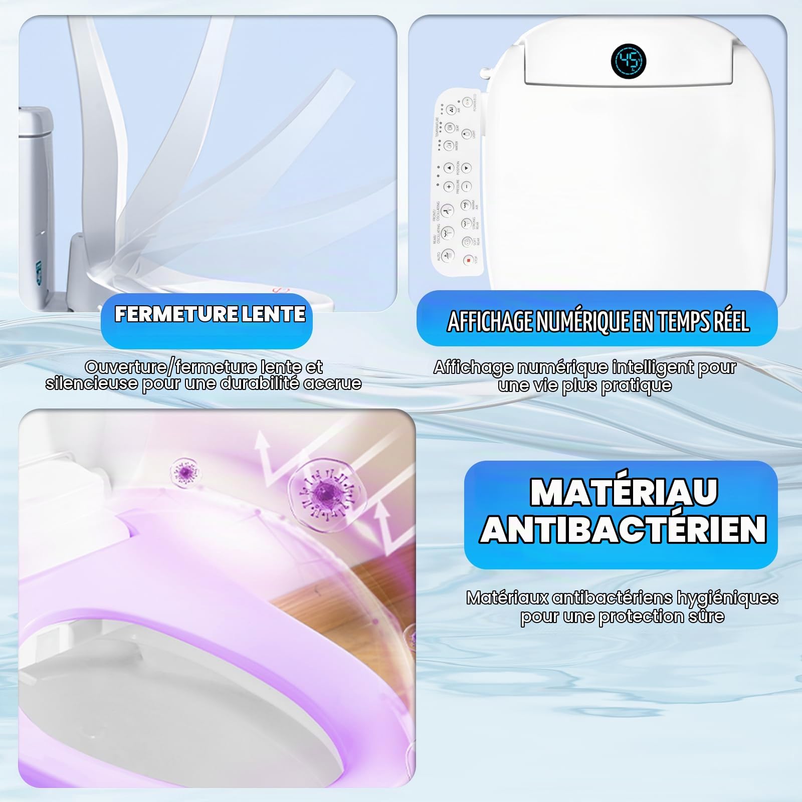 Siège de Toilette Intelligent avec Bidet, Modèle Allongé Électrique avec Quatre modes de Nettoyage, Température et Pression Réglables, Siège Chauffant avec Poignée de Commande (Version Longue)