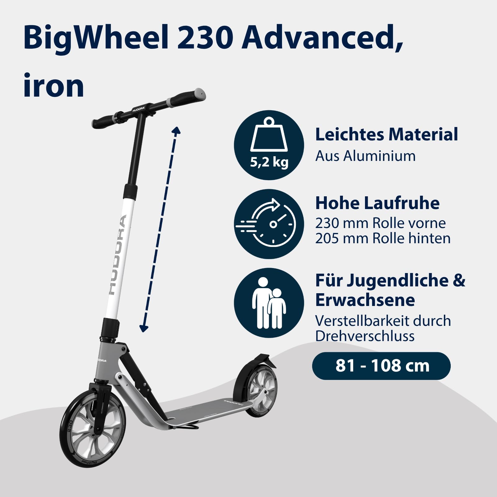 HUDORA BigWheel 230 Advanced Scooter - Stabiler Aluminium-Roller für bis zu 120kg - Leiser & zusammenklappbarer Cityroller mit Ständer & Klingel - Kick-Scooter für Kinder/Jugendliche & Erwachsene