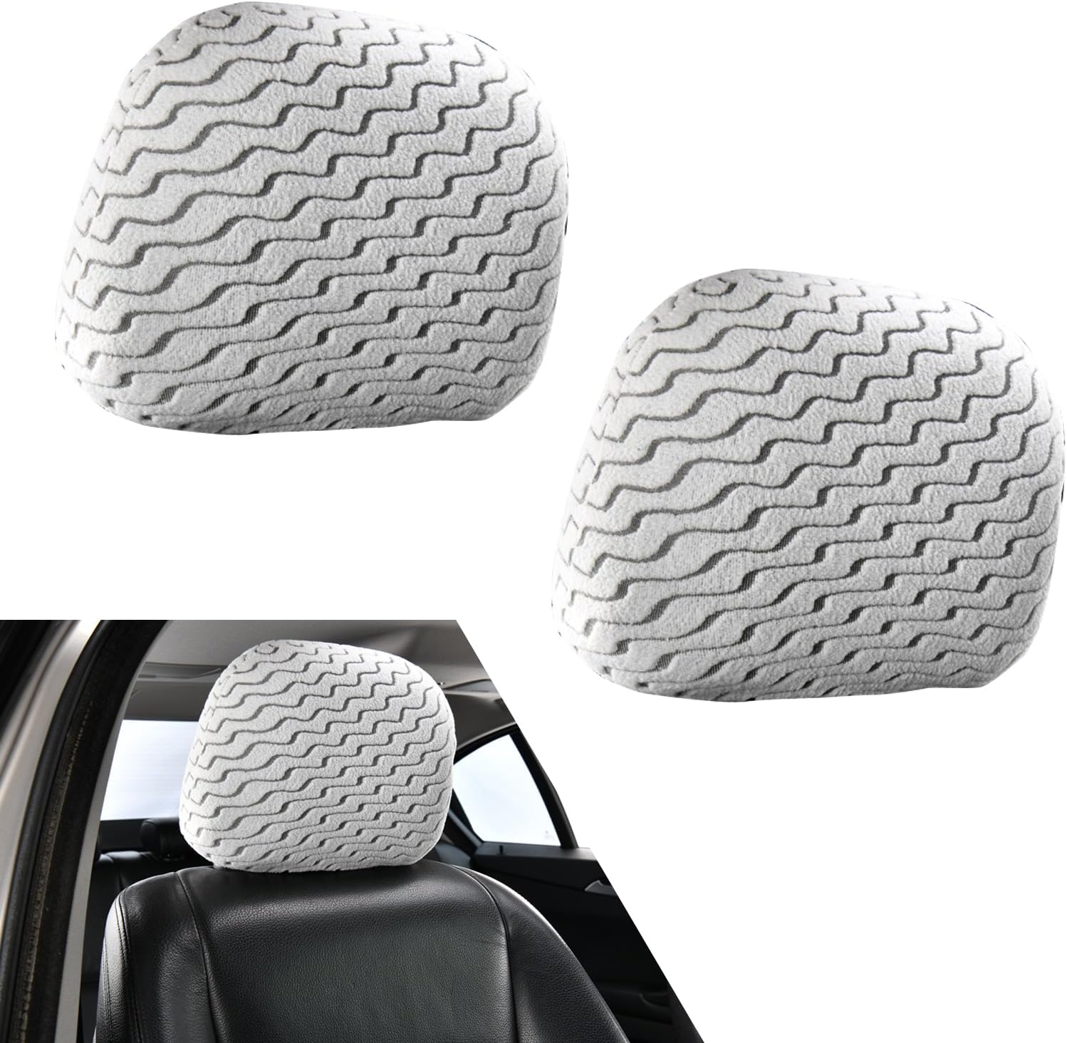 2PCS Universal Car Headrest Covers, Warm & Breathable Stretch Plush Vehicle Headrest Cover, Thickened Striped Seat Pillow Decoration Shield, for Most Cars (Gray)