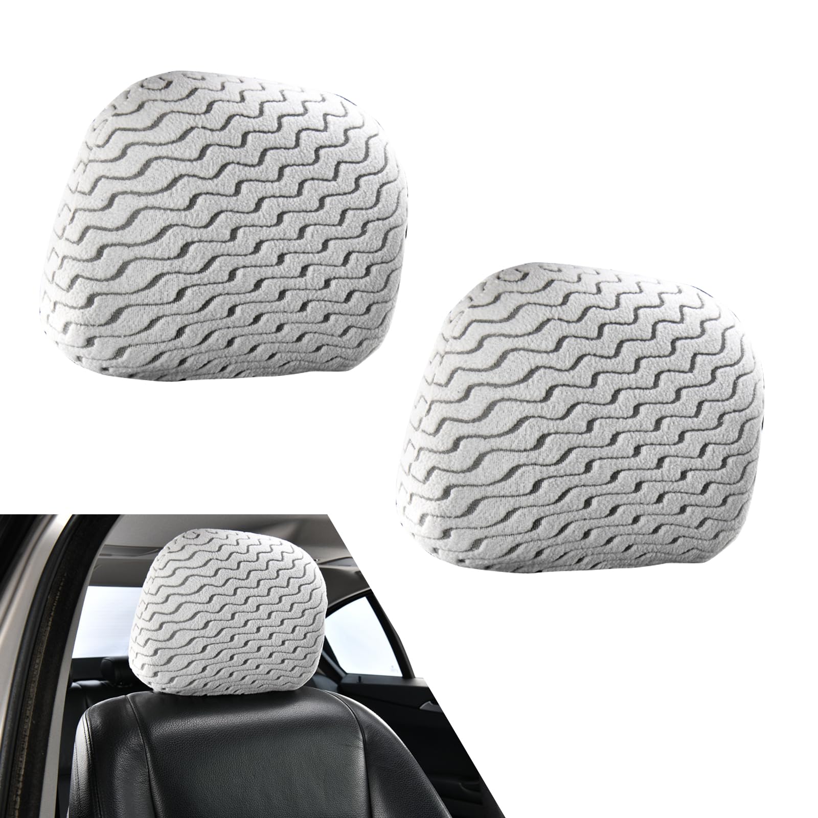 2PCS Universal Car Headrest Covers, Warm & Breathable Stretch Plush Vehicle Headrest Cover, Thickened Striped Seat Pillow Decoration Shield, for Most Cars (Gray)