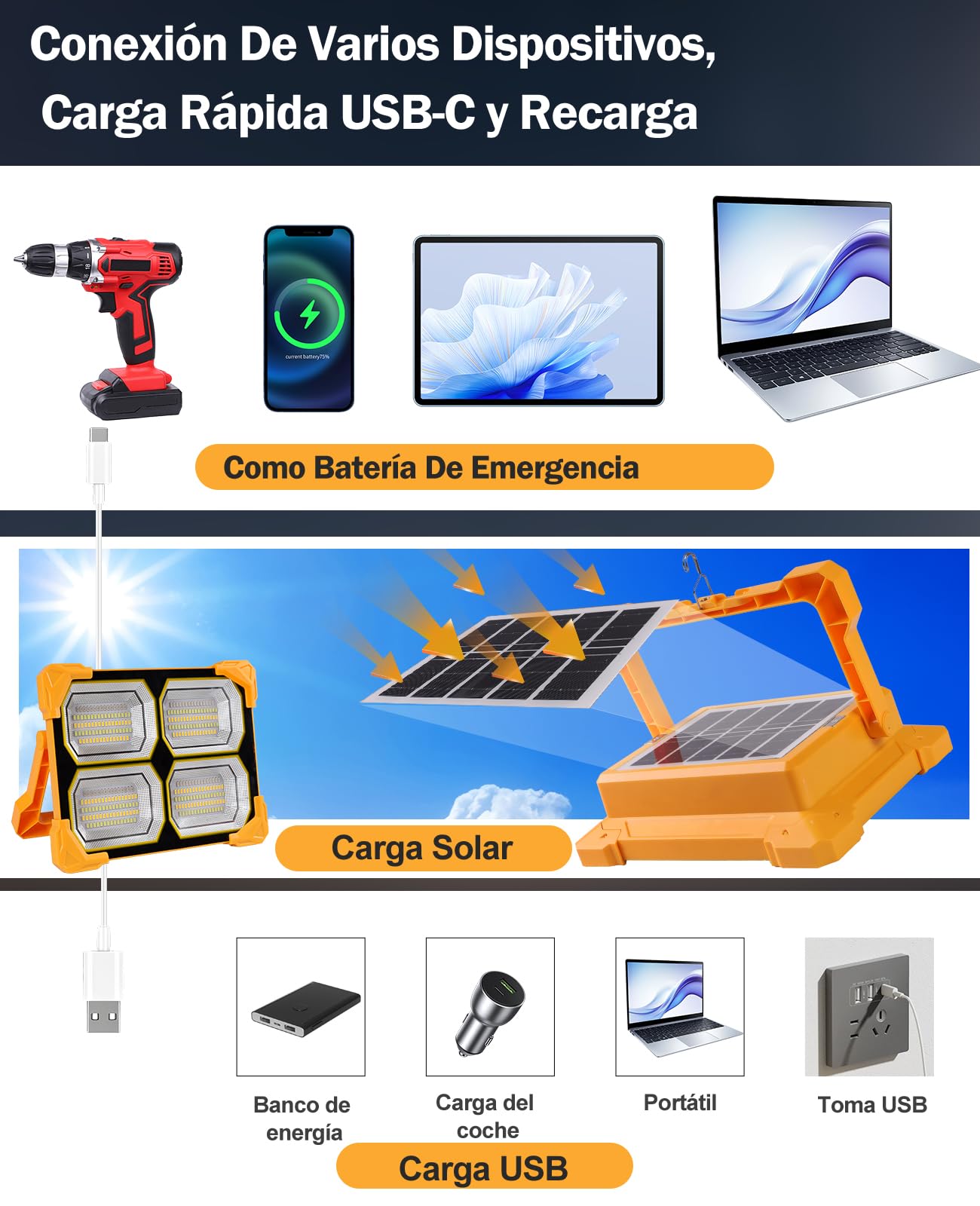 200 W Rechargeable LED Floodlight, Portable Solar Powered LED Floodlight, 20000 mAh, USB Rechargeable Lamp - Image 4