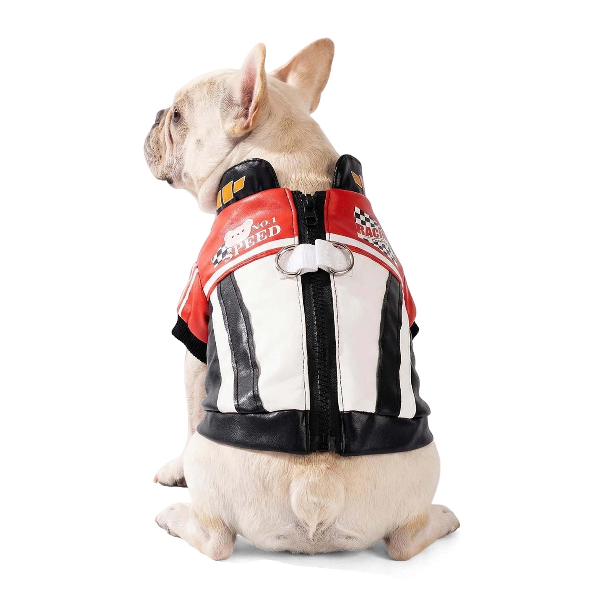 FLAdorepet Cool Dog Racer Costume,Pet Race Car Driver Costume Outfits,Winter Dog Leather Jacket with Leash Ring,Warm Fleece Coat Clothes for Small