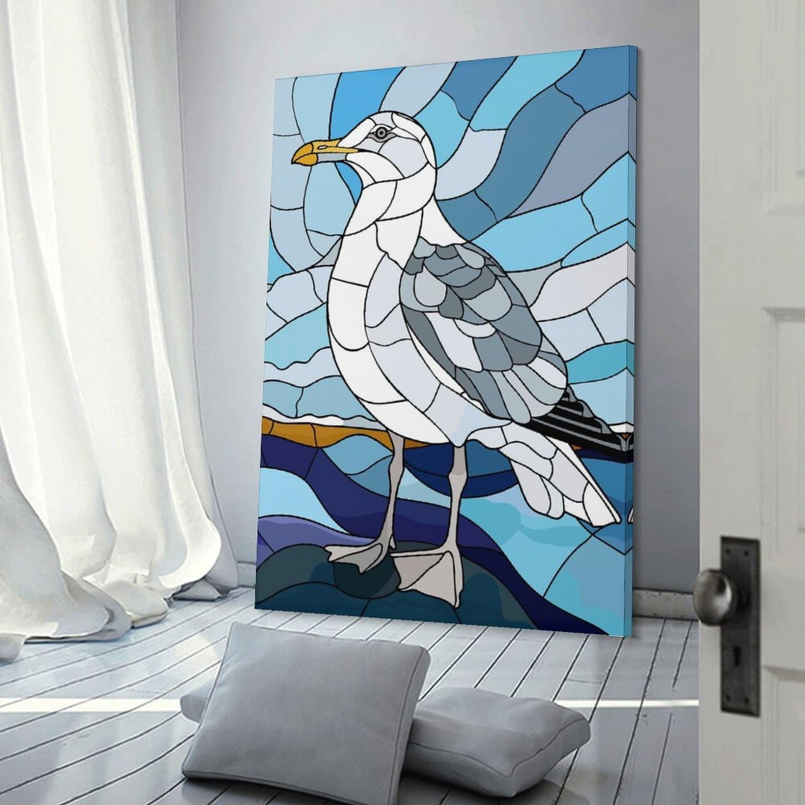 Junmoney Stained Glass Seagull by The Sea Wall Picture Print 16x24inch(40x60cm), for Lounge Decor, Offices Or Entryway Styling, Versatile Wall Decor for Many Rooms