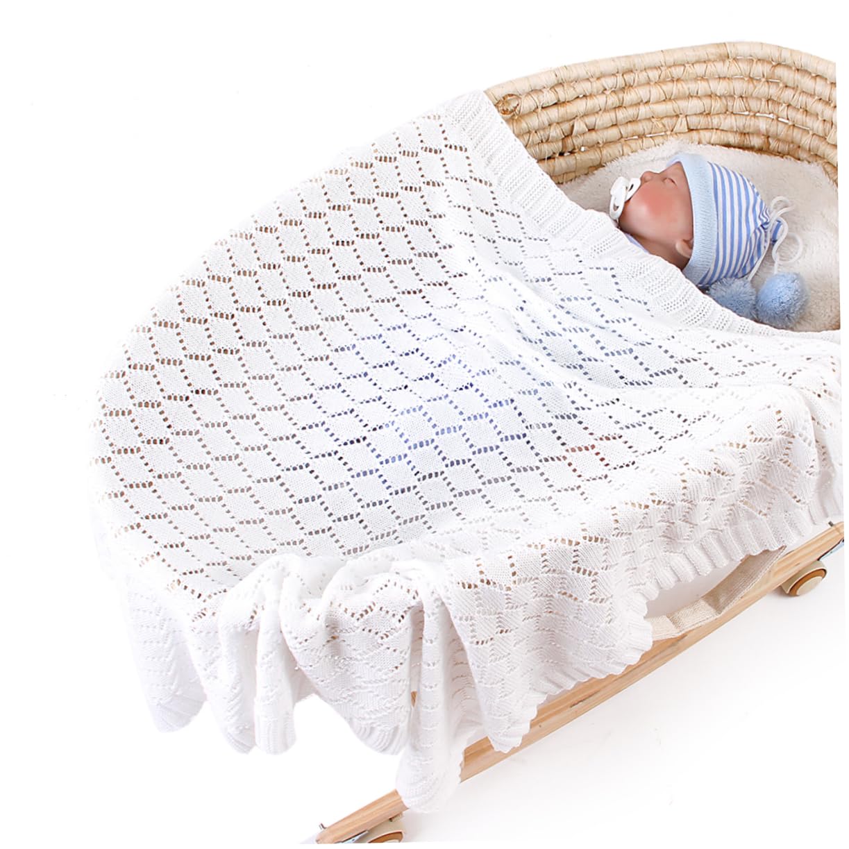 ibasenice Coperta Maglia Per Autunno Inverno e Leggera Coperta Per Passeggino e Lettino Design Intrecciato e Traspirante Colore Sbiancato