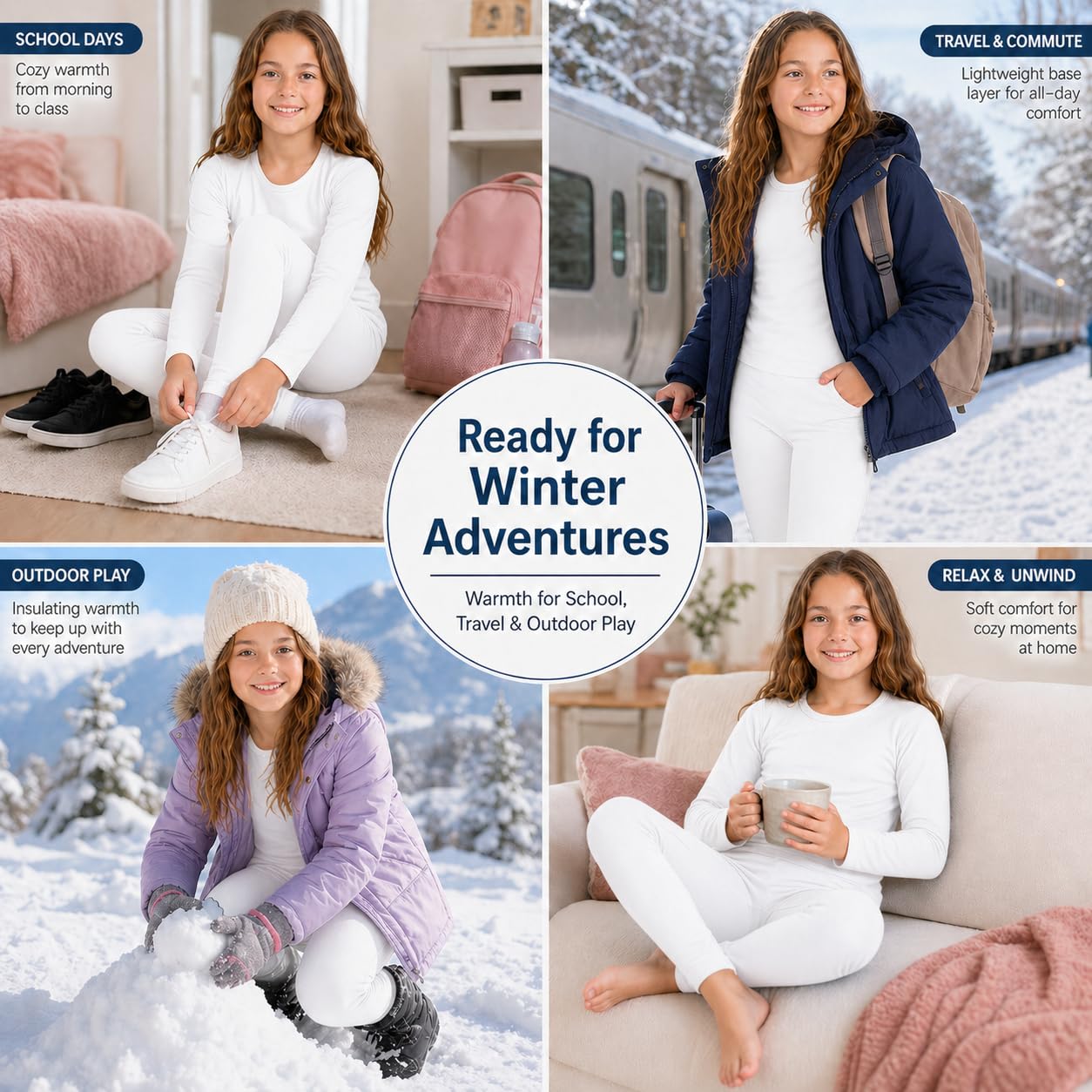 Ensemble de sous-vêtements thermiques pour fille avec doublure en polaire - Couche de base haut et bas - Caleçon long chaud pour l'hiver, le ski et le quotidien