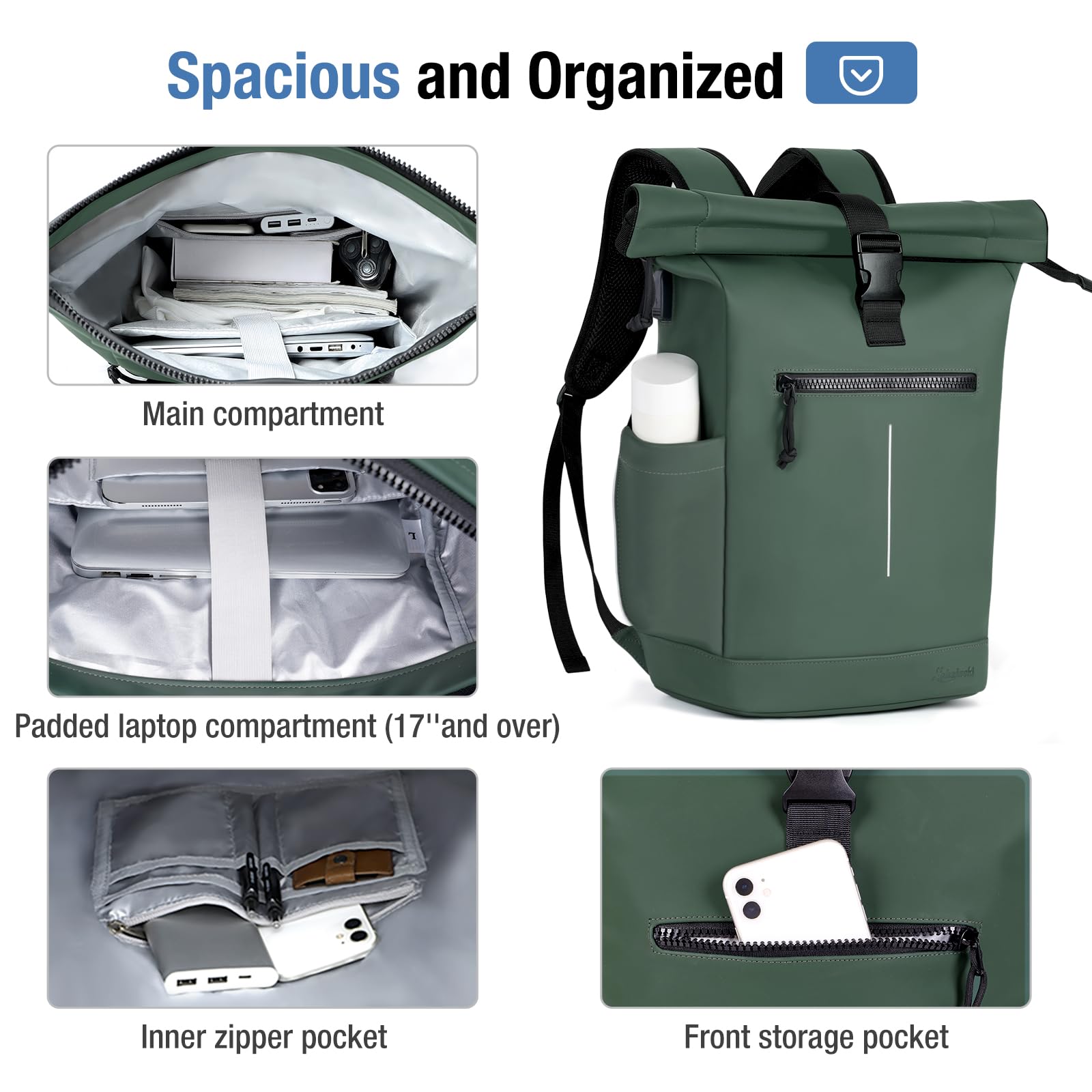 Lekeinchi Zaino Rolltop Uomo Donna Porta PC 17 Pollici | Zaino Impermeabile Uomo Donna - Rains Zaino con Strisce Riflettenti - Zaino da Viaggio Espandibile - Casual Lavoro Università - Verde XL