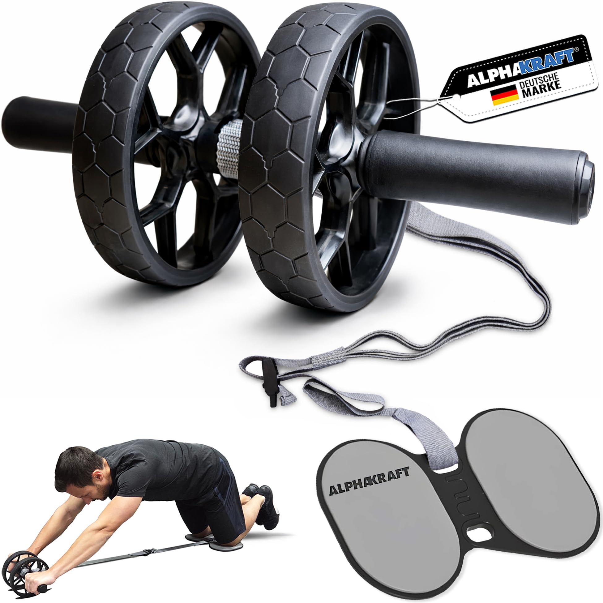 ALPHAKRAFT® Bauchroller mit Hilfsband & Knieschoner – AB Roller/AB Wheel | Bauchtrainer Roller für effektives Core-Training | Premium Bauchmuskeltrainer inkl. Trainingsplan