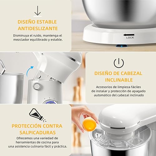 Miniatura 3 de Batidora eléctrica de pie, batidora de alimentos de cabeza inclinable de 10 velocidades, batidora de cocina 3 en 1 para cocineros diarios con tazón
