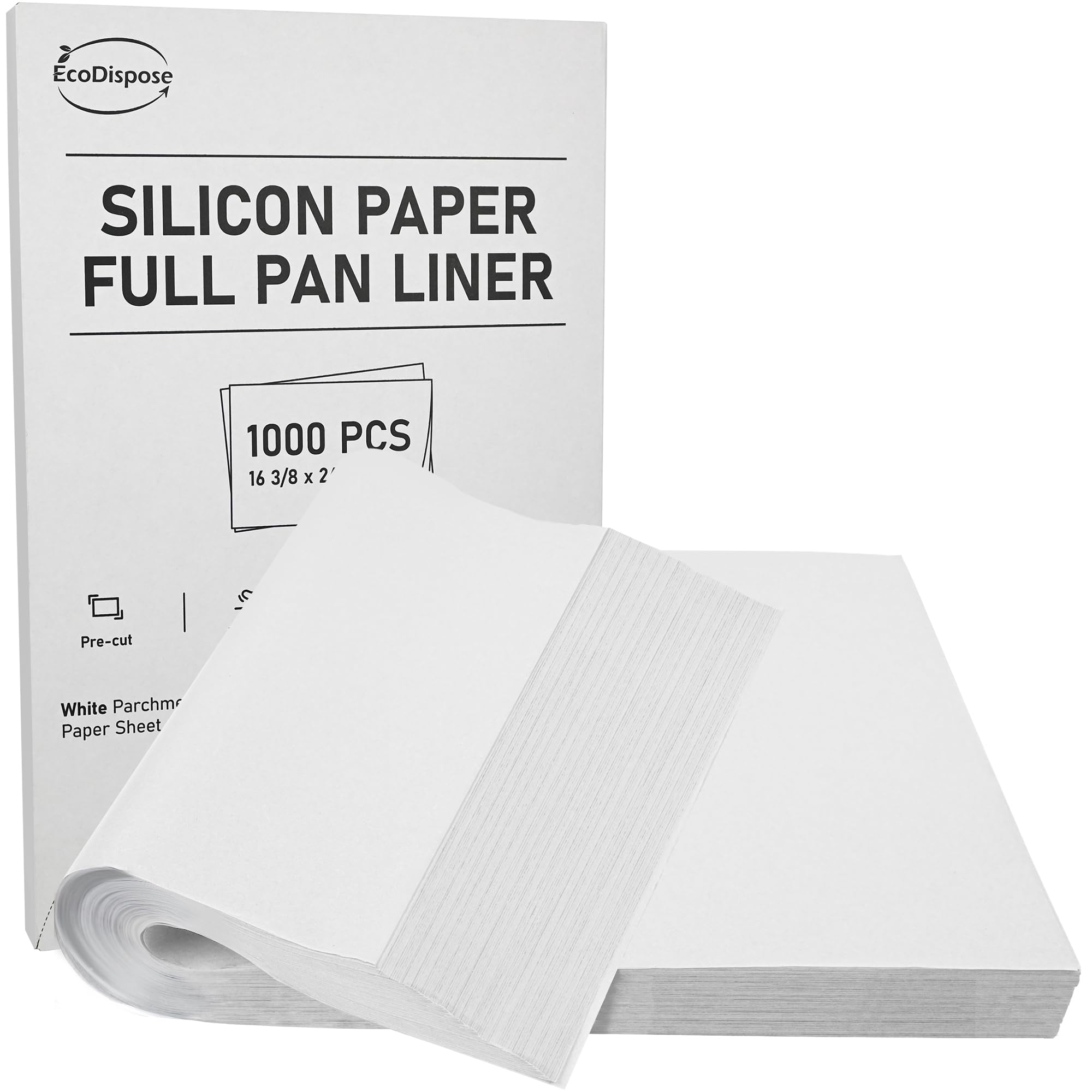 EcoDispose Non-Stick Precut Parchment Paper Baking Sheets | 16-3/8" x 24-3/8", White, 1000 Pcs, Full Pan liner for Bake, Greaseproof