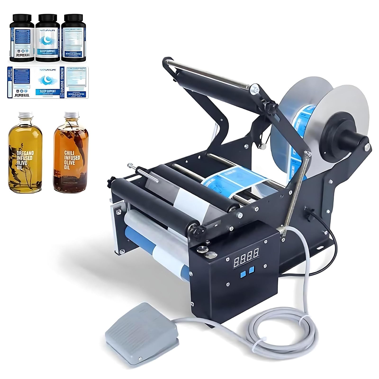 MIAOXIAOLONG Semi-Automatic Round Bottle Labeling Machine, Stainless Steel Label Applicator,Wine Bottle Sticker Labeler Applicator,30-40pcs/Min,for 0.79-3.94 In Diameter Bottles 110V-Upgraded