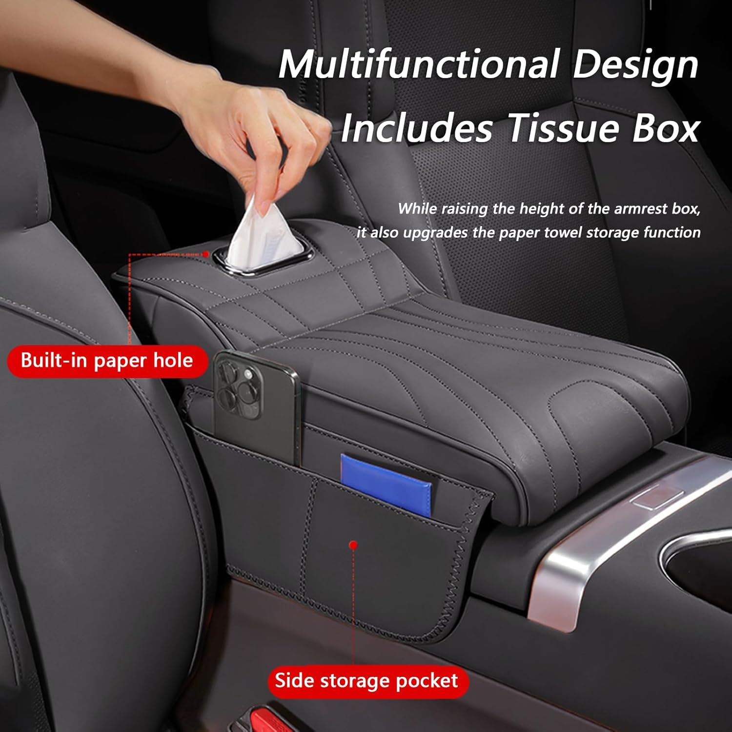 Car Armrest Cover for Hyundai Santa Fe/Grand Santa Fe TM/DM/CM/SM, PU Leather Armrest Pad, Anti-Slip Waterproof Center Console Cover, Console Protector for SUV Truck Sedan,A Black