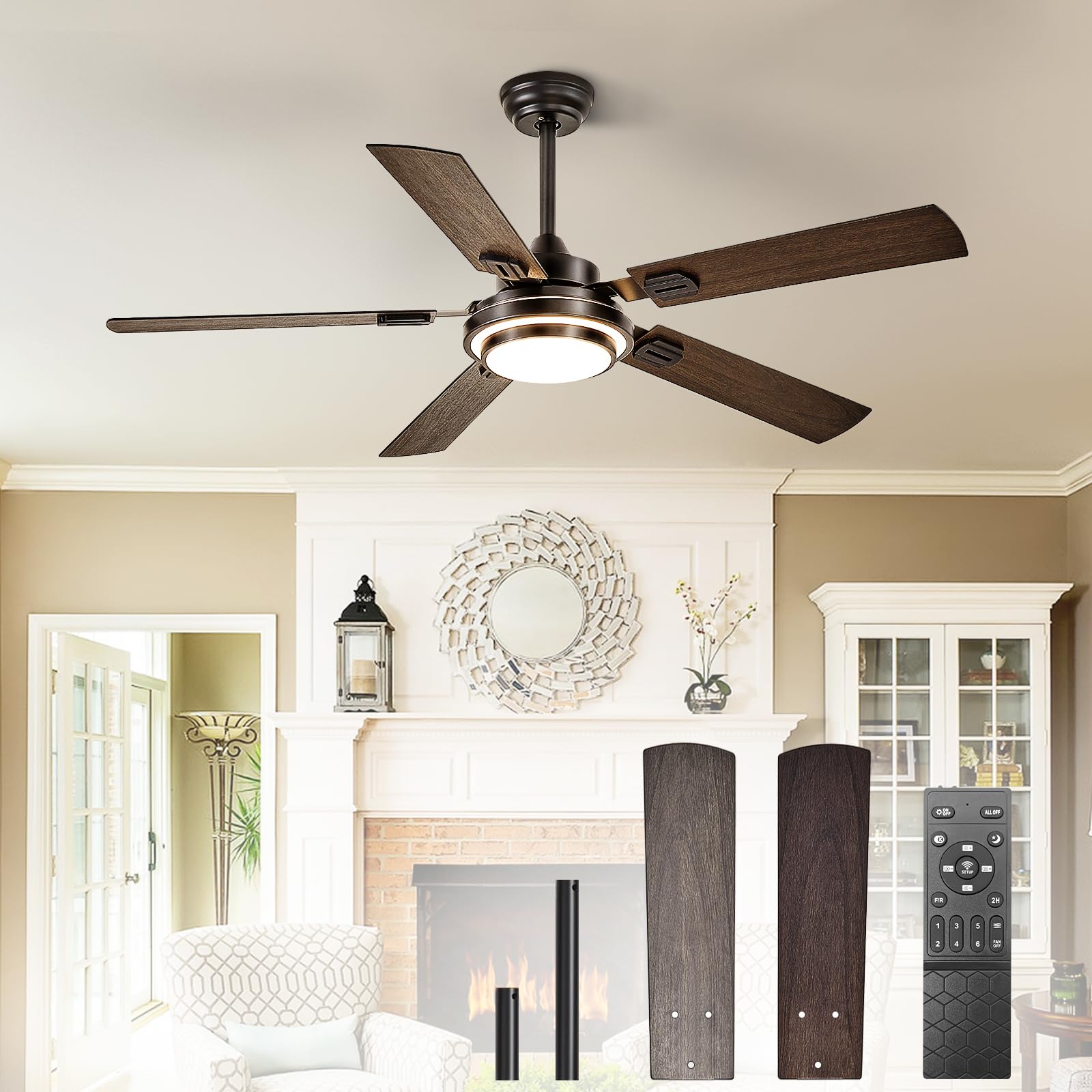 Depuley 52-Inch Ceiling Fan with Light: Walnut Ceiling Fans with 5 Blades Dual Finish Reversible - Farmhouse Ceiling Fan with Remote Control for Living Room Outdoor Patios
