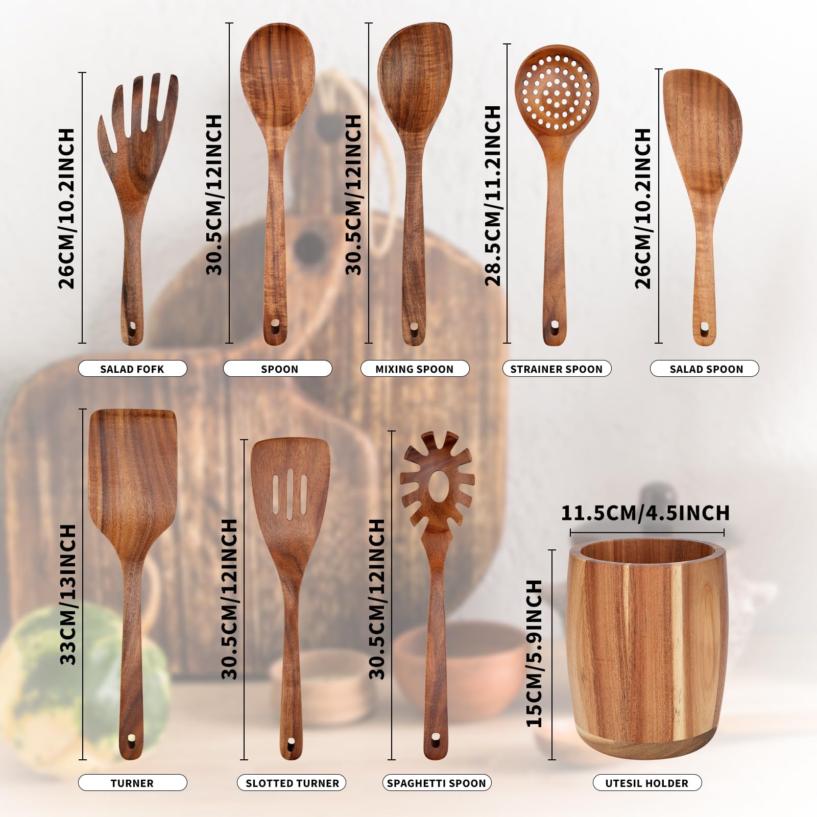 Juego de 9 utensilios de cocina, cucharas de madera para cocinar, utensilios de madera de teca natural, incluye cucharas de madera, juego de espátulas, cuchara ranurada, juego de cucharas de