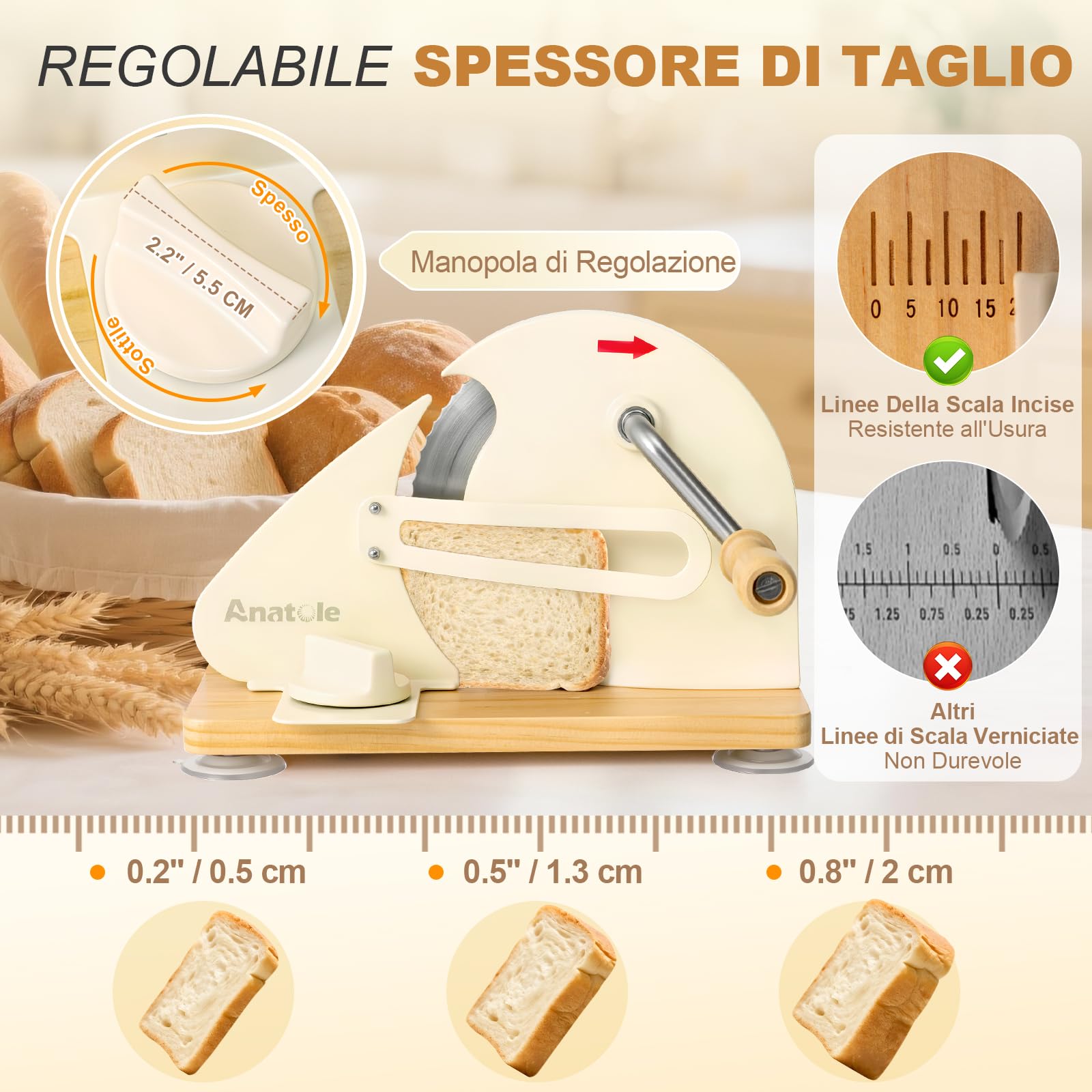 Anatole Affettatrice per Pane Manuale Pieghevole Acciaio Inox 0-20mm | Taglia Pane a Fette Professionale Piccola, 6 Ventose, Base&Manovella in Legno, Guida Metallica Rimovibile, per Toast Baguette