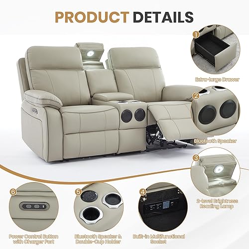 Miniatura 5 de Juego de sofá reclinable eléctrico con luz de lectura LED táctil y altavoces Bluetooth, sofá reclinable reclinable con consola de
