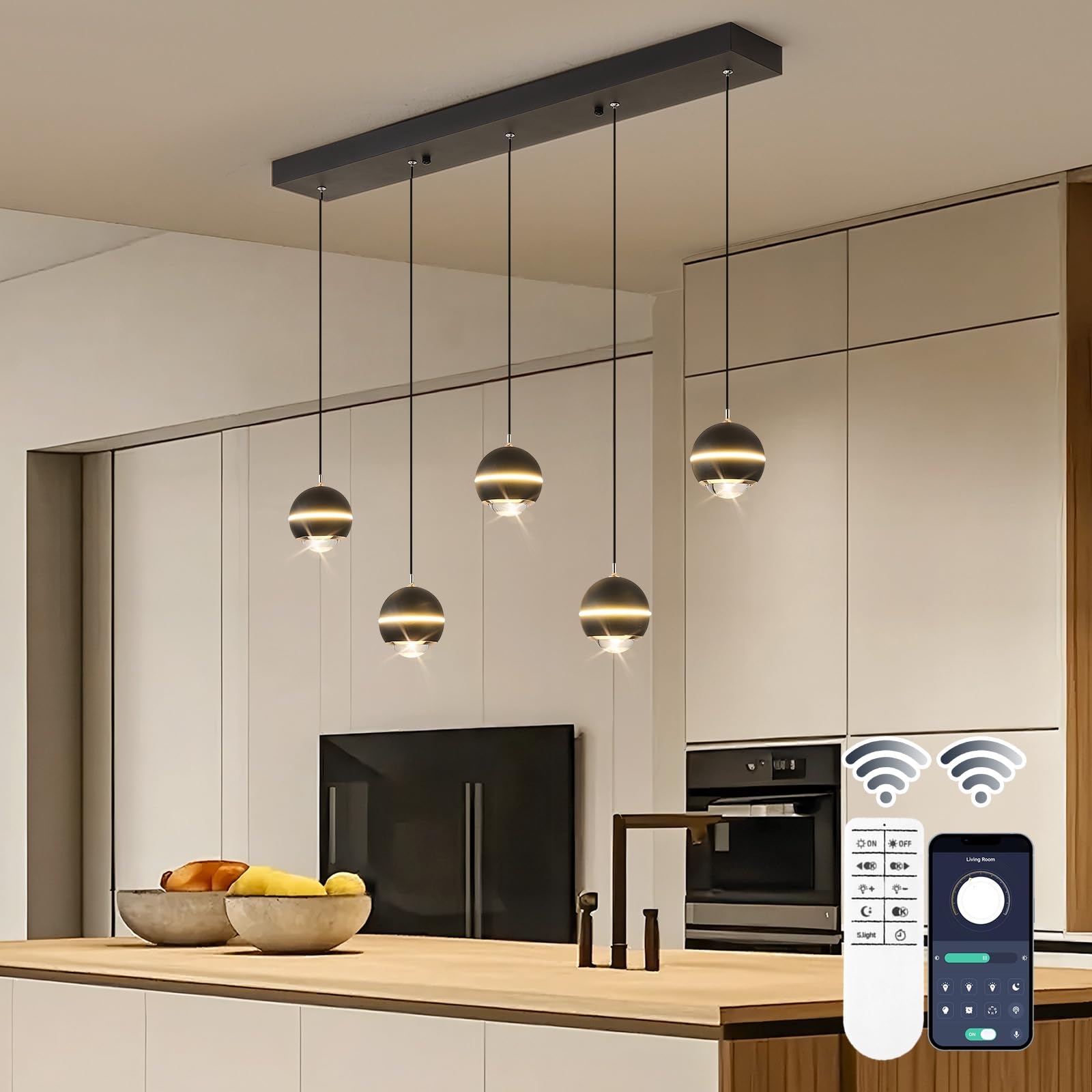 ORANOOR Nowoczesne lampy wiszące LED, ściemniane, 91 cm, kryształowy globus, oświetlenie żyrandolowe, czarno-złoty, do jadalni, wiszące oprawy oświetleniowe, wyspa kuchenna, liniowa lampa wisząca na