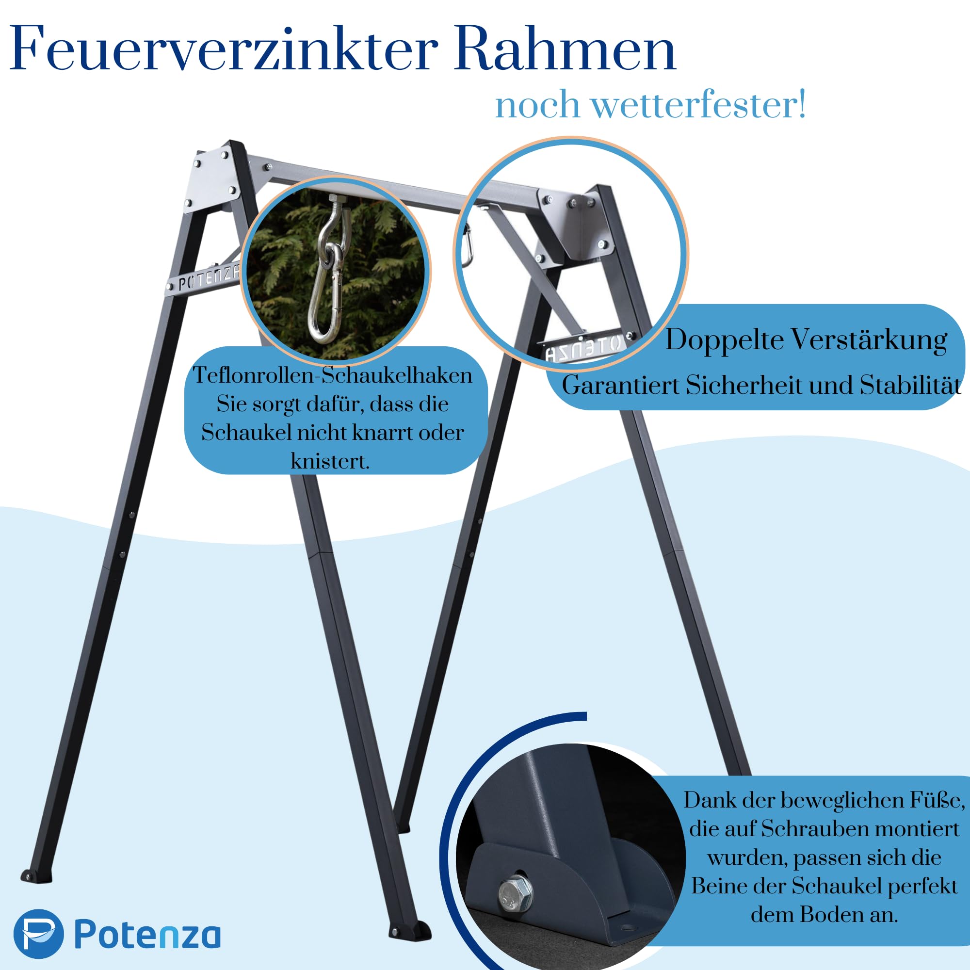 Potenza Altalena da giardino in acciaio zincato a caldo 206×159 cm – struttura robusta 200 kg per bambini e adulti, ideale per altalena nido