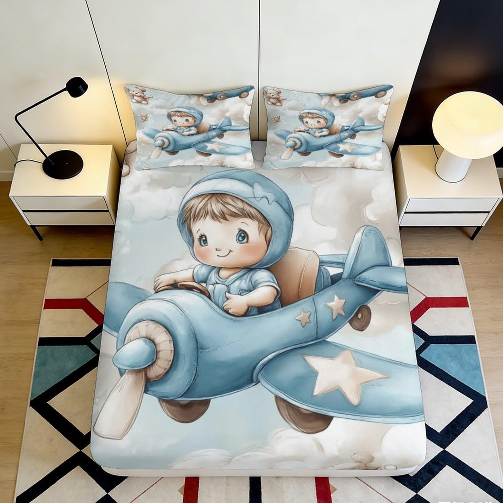 3D Printed Cute Boy Airplane Fitted Sheet Microfiber Soft Breathable Cartoon Bed Cover for Bedroom Dormitory Guest Room Mattress Protection Decor 160x200x25cm