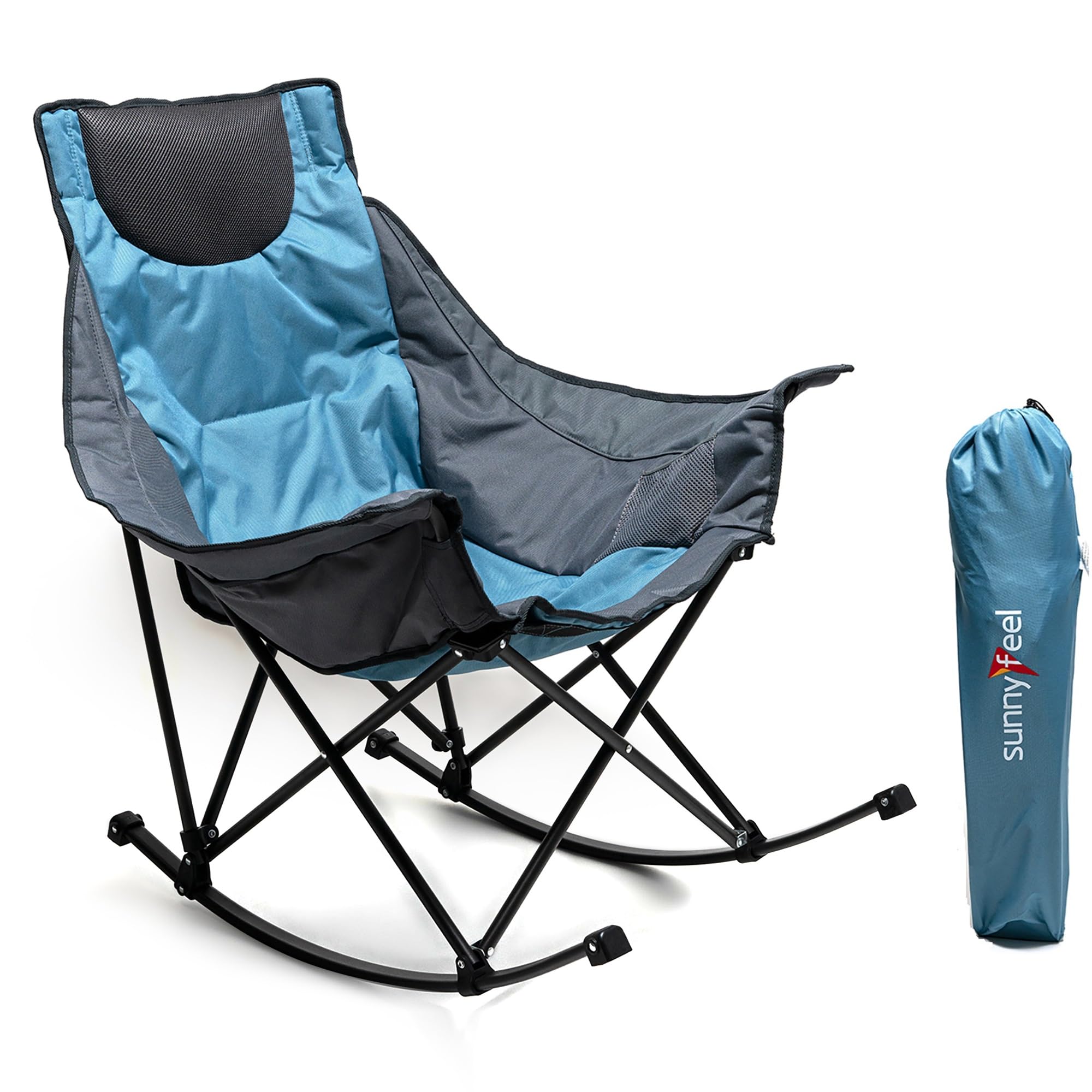 SUNNYFEEL Rocking Camping Chair, Luxury Padded Recliner, Oversized Folding Lawn Chair with Pocket, Heavy Duty for Outdoor/Picnic/Lounge/Patio, Portable Camp Rocker Chairs with Carry Bag