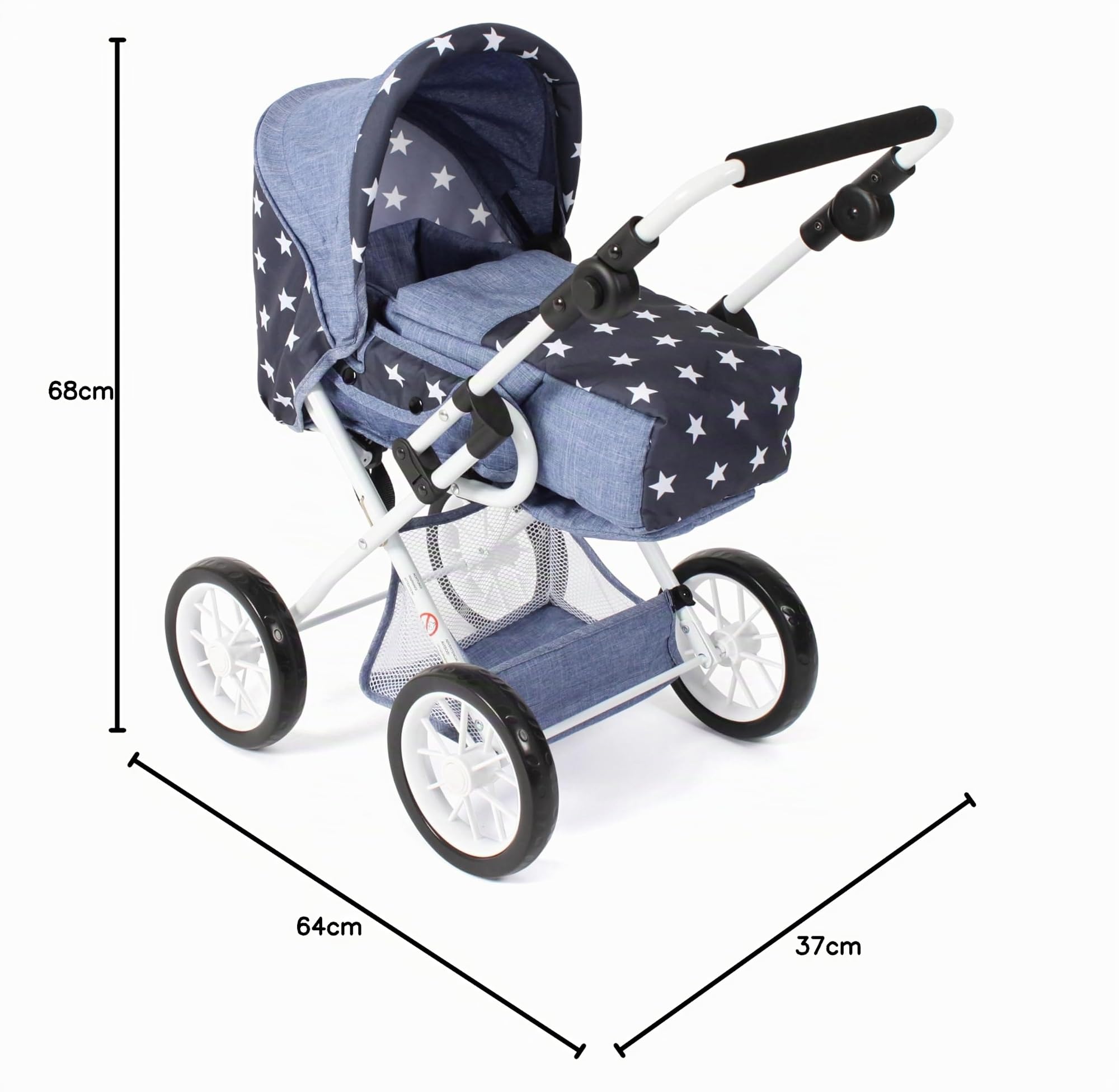 Bayer Chic 2000 - Passeggino per bambole Leni, passeggino combinato 2 in 1 con borsa per il trasporto estraibile, passeggino per bambole fino a 46 cm di dimensioni, asterisco navy, 64 x 37 x 68 cm | Passeggino combinato flessibile 2 in 1 con effetto navy