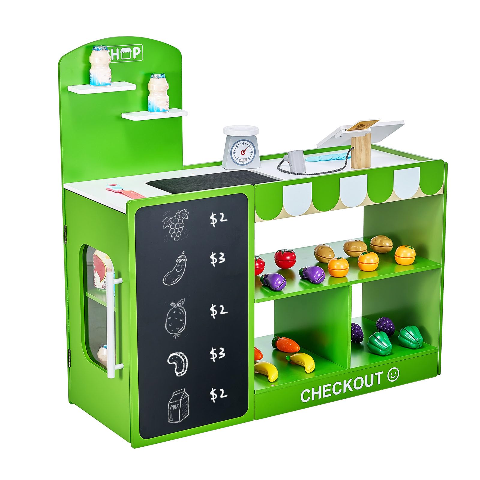 VEVOR Kids Pretend Play Grocery Store, Wooden Play Market Stand with Shopping Bag, Conveyor Belt, Scanner, Cash Register, Realistic Scale, Gift for Boys & Girls