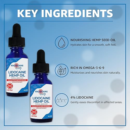Vista 2 de Aceite de cáñamo de lidocaína al 4 % – Aceite calmante tópico de máxima fuerza para alivio del dolor de acción rápida para apoyo muscular