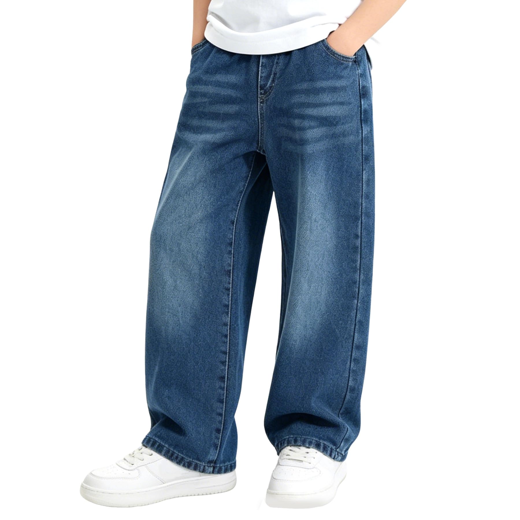 Jeans Ragazzo Bambino Dritto Baggy Denim Loose Fit Pantaloni con Vita Elasticizzata Lunghi Blu Pantaloni Casual Stretch Denim Jeans Moda Streetwear per Ragazzi 5-14 Anni