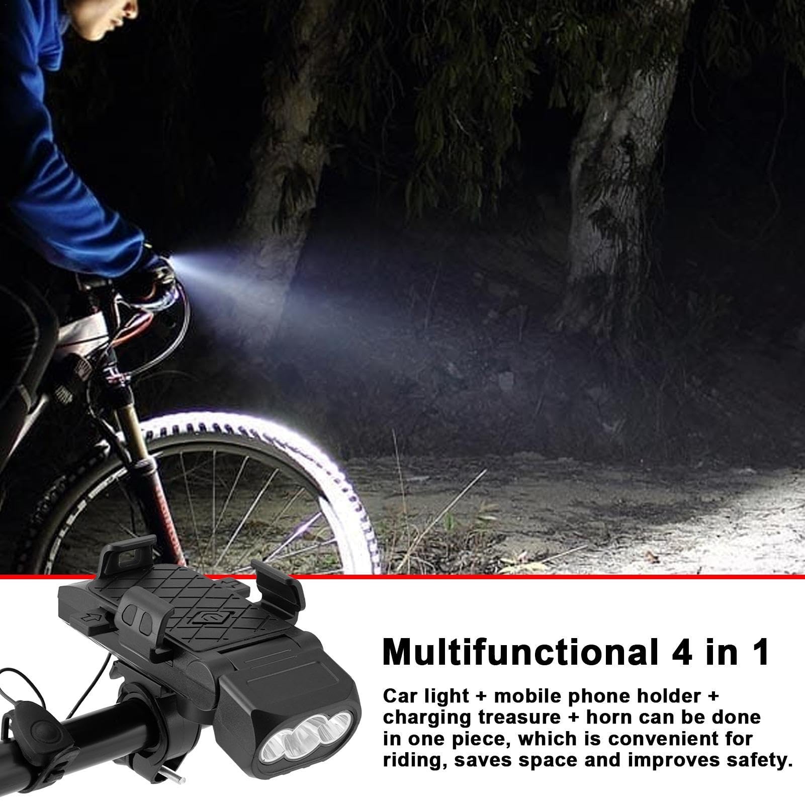 Luce anteriore per bici - Torcia a LED con Power Bank, set di luci per bicicletta 4 in 1 | Porta cellulare da bici impermeabile, clacson, luci anteriori e posteriori per ciclismo, ideale per uomini e