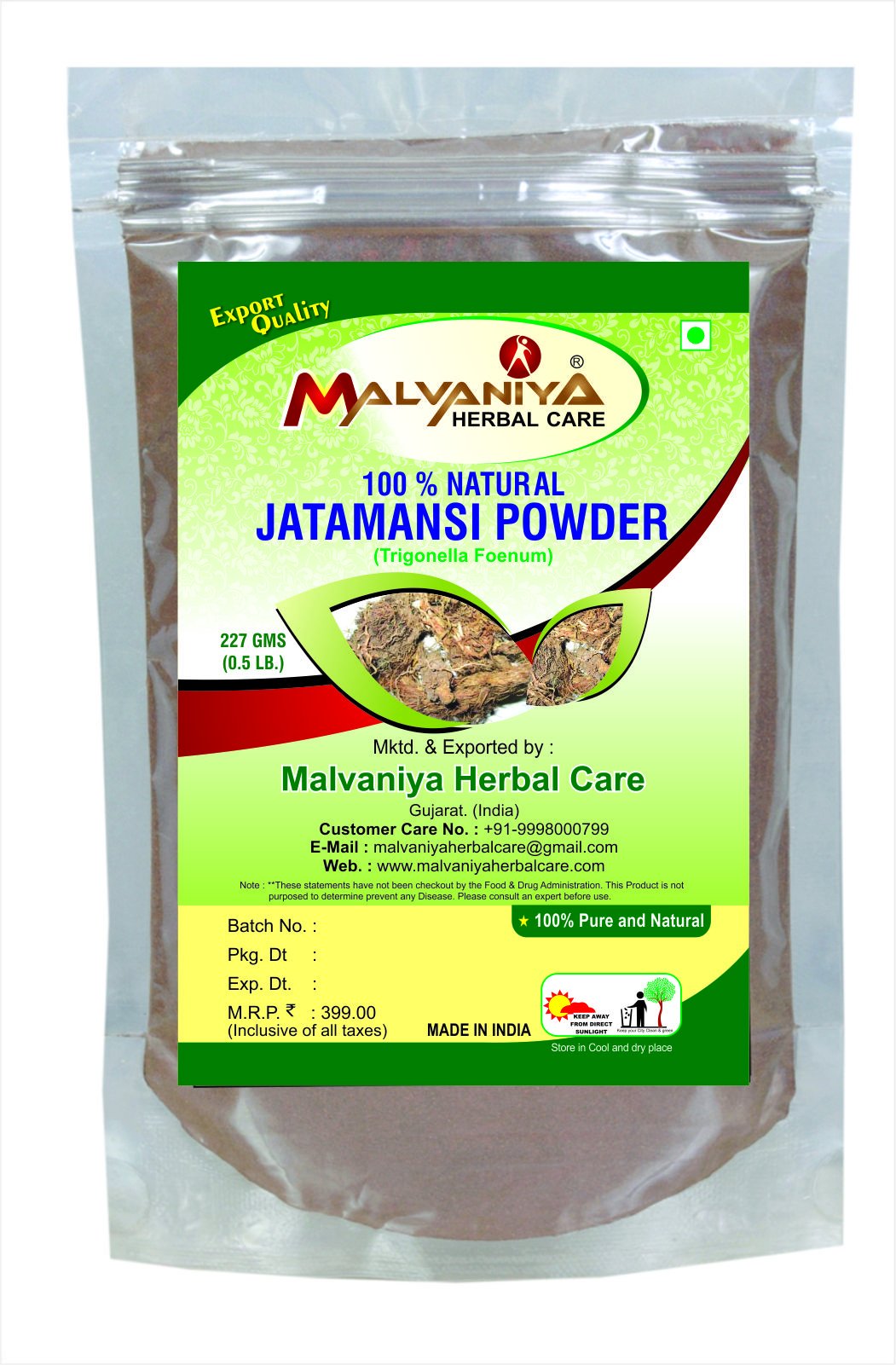 Jatamansi Hair Powder | 100% Natural Herbal for Rejuvenating Hair Roots 227 Grams by Malvaniya Herbal Care