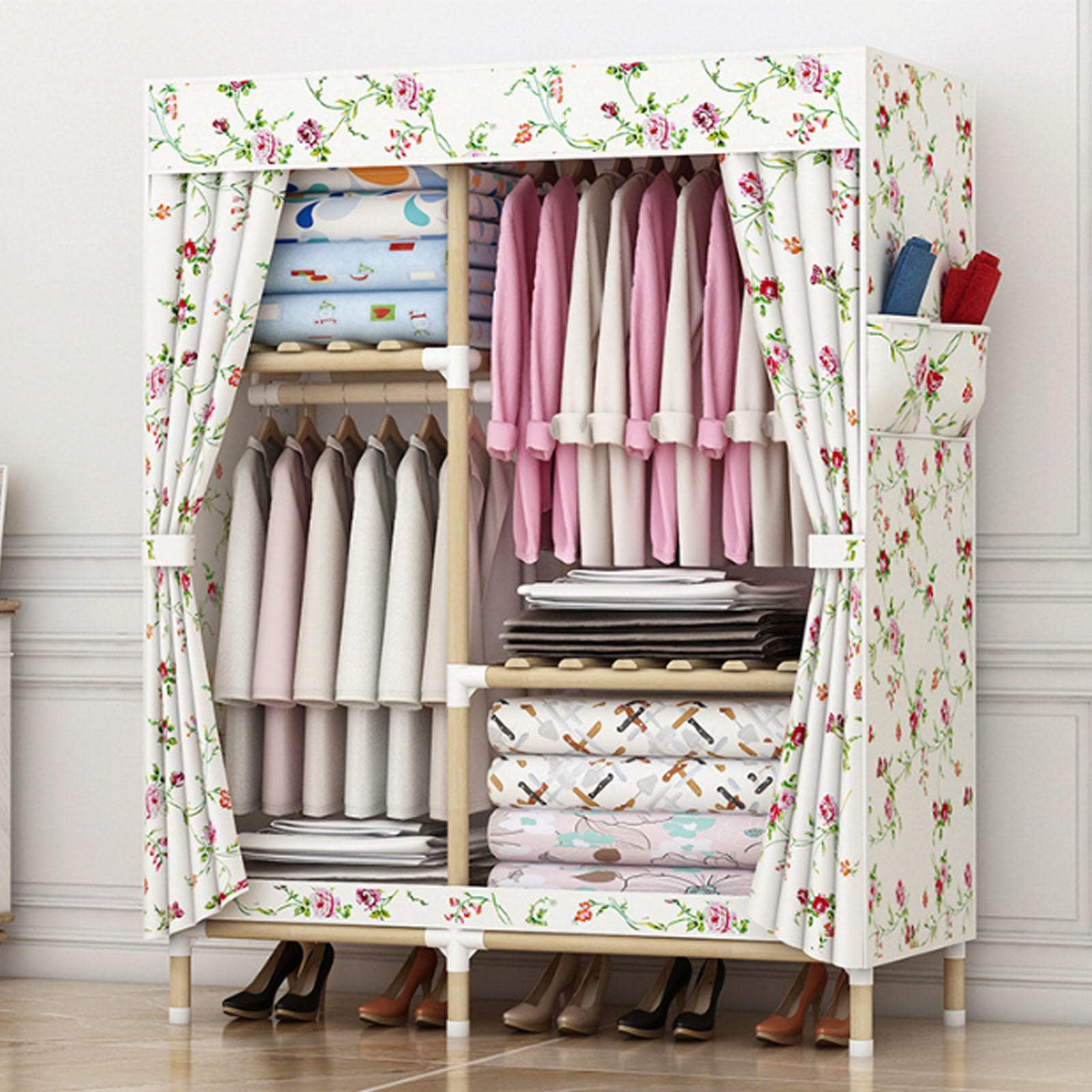 Leinwand-Kleiderschrank, Stoff-Kleiderschrank, tragbare Kleiderschrank-Regale für Schlafzimmer, Kleiderschrank-Aufbewahrungsorganisator mit Kleiderstange und Seitentaschen, B-100 x