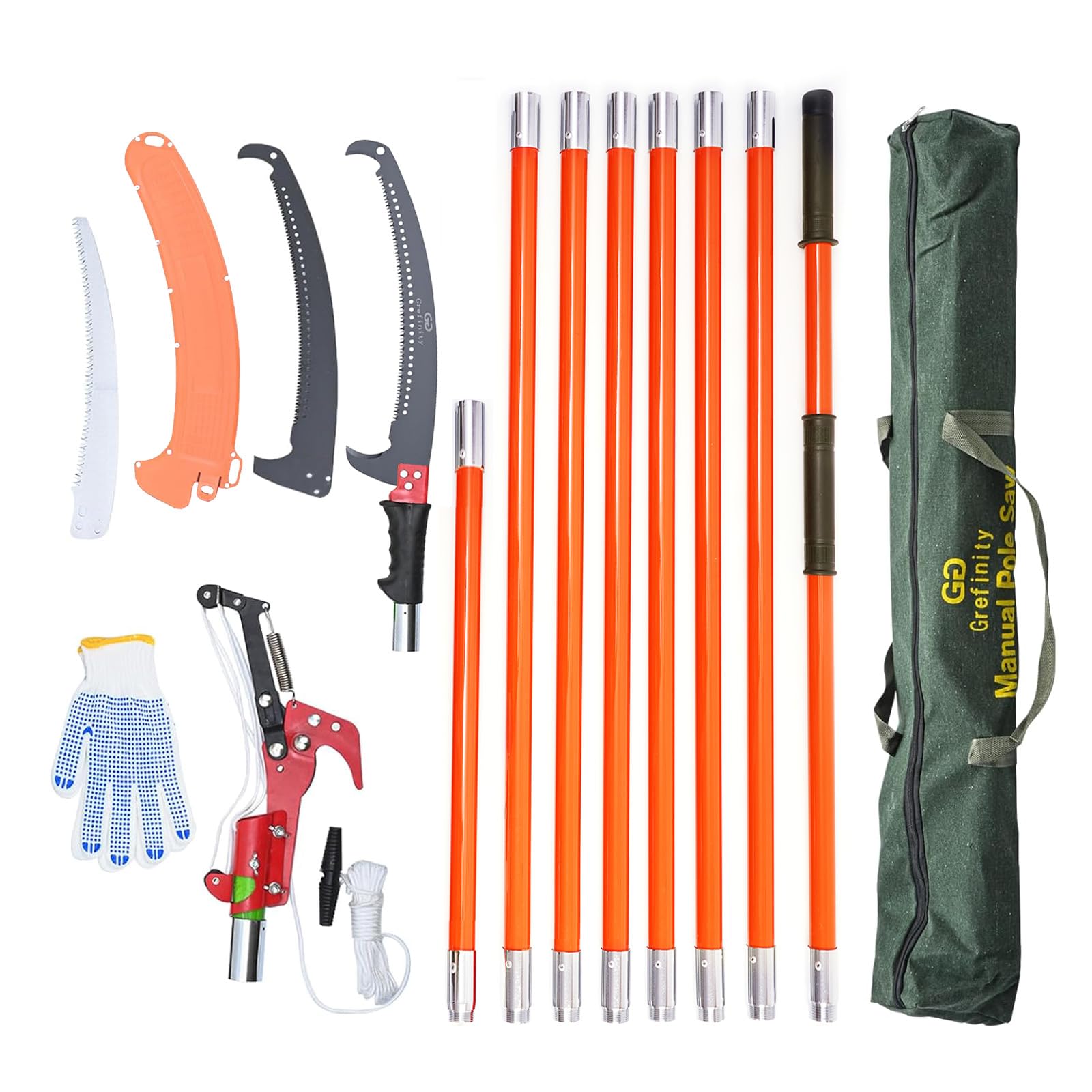Grefinity Manual Pole Saw for Tree Trimming, 27 Feet Extendable Tree Trimmer Pole Saw, Telescoping Pruner Orange, Sharp Steel Blade and Scissors, for