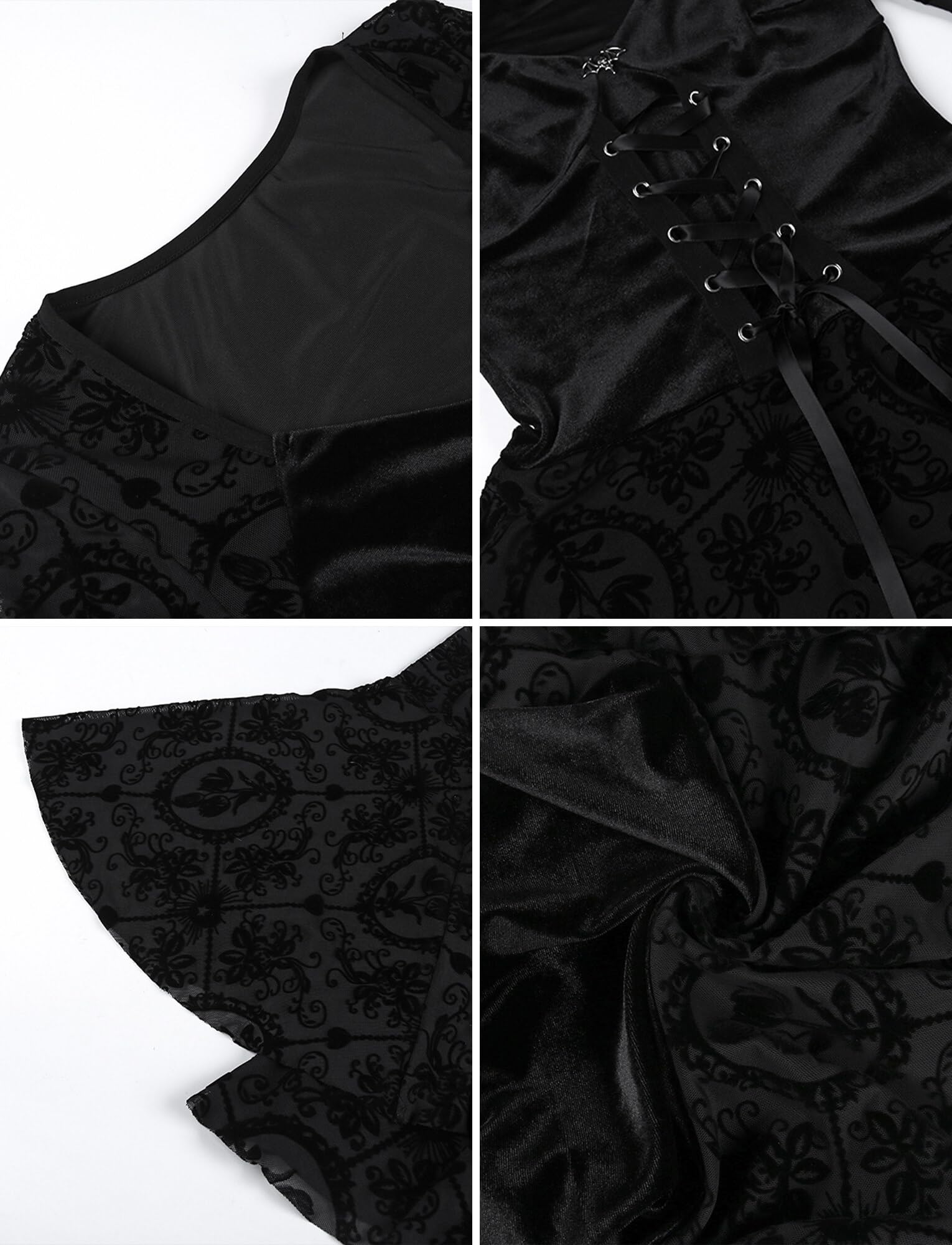 Maeau - Vestito Gotico Donna Retro Nero Steampunk Abito Vintage Pizzo Vestito A-Line Maxi Elegante Maniche Lunghe