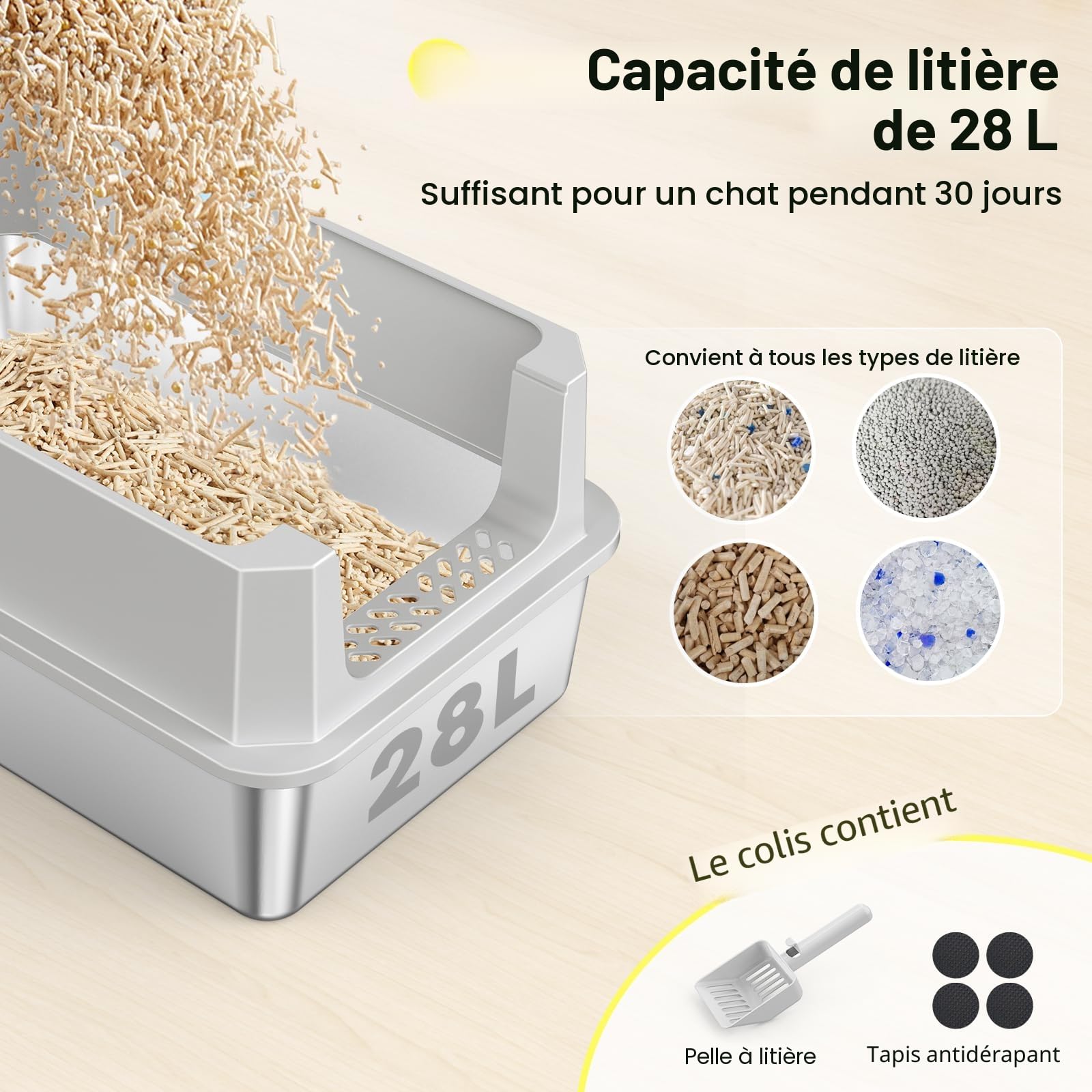 MIXJOY Bac à Litière Chat en INOX XL, Bac Litiere pour Chat 28L Grande Capacité Anti-Fuite à Bords Hauts, Design Ouvert Facile à Nettoyer avec Pelle Incluse, 56.5x36.5x25.5cm