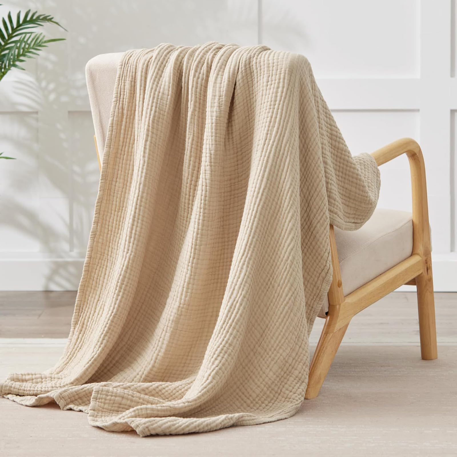 Musselin Decke 200 x 230 cm 6-lagig, Muselindecke Erwachsene 100% Baumwolle Tagesdecke & Bettüberwurf vorgewaschene Gazedecke Sommerdecke Sofadecke Baumwolldecke Couch Überwurf (Beige, 200*230cm)