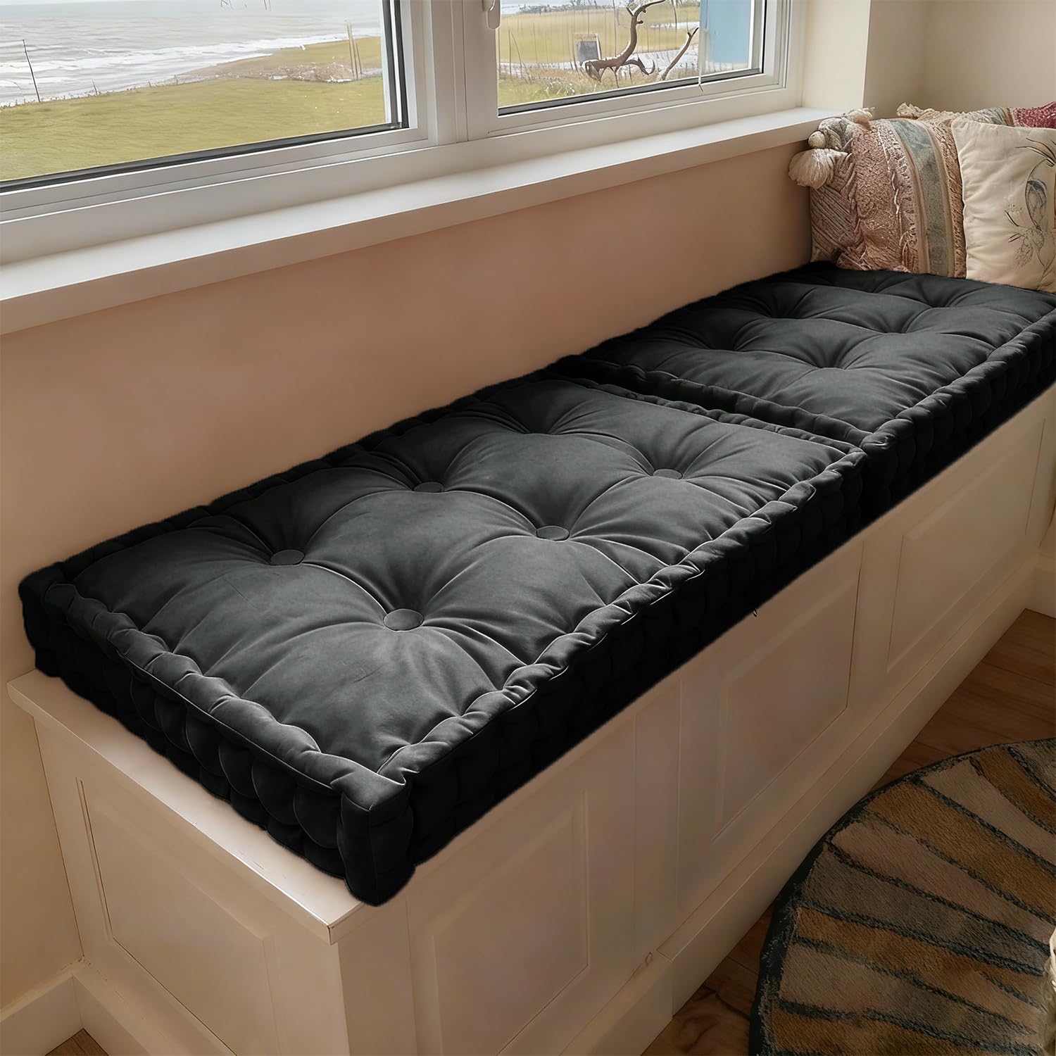 WLXFF Bench Cushion Indoor, Velvet Window Seat Cushions with Handle 10cm Thick Plush Windowsill Seat Cushion, Bay Window Cushion, Tufted Buttons Bench Seat pad for Piano, Dining Chairs,NO5,120x60cm