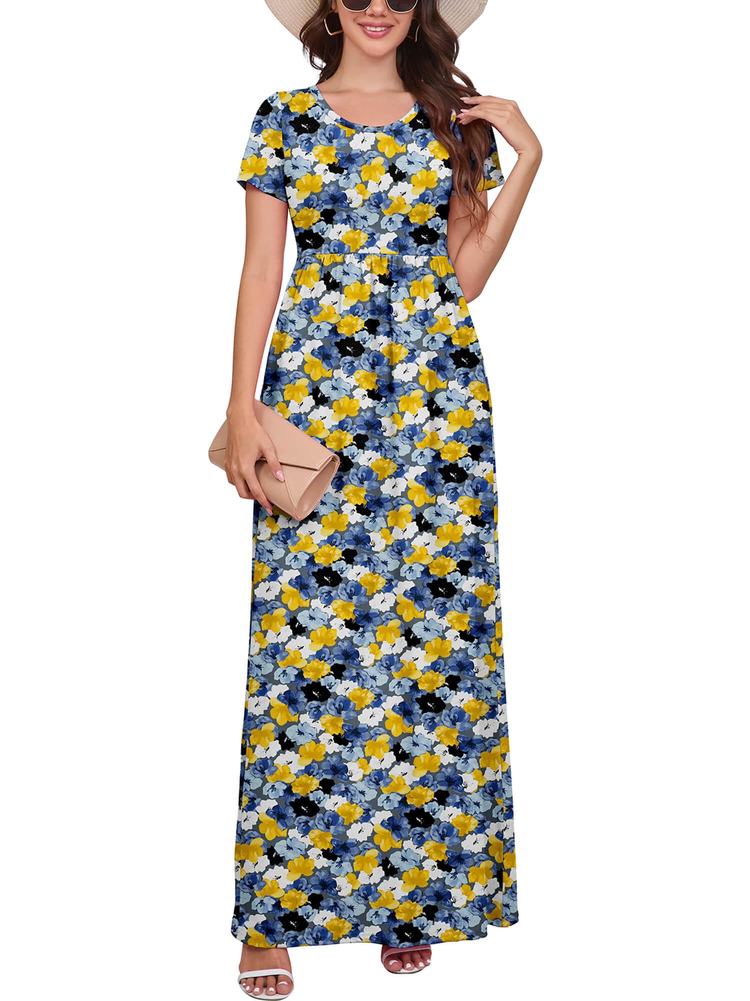 DEARCASE Maxi Dress for Women Short Sleeve Casual Summer Loose Plain Comfy Long Dresses with Pockets