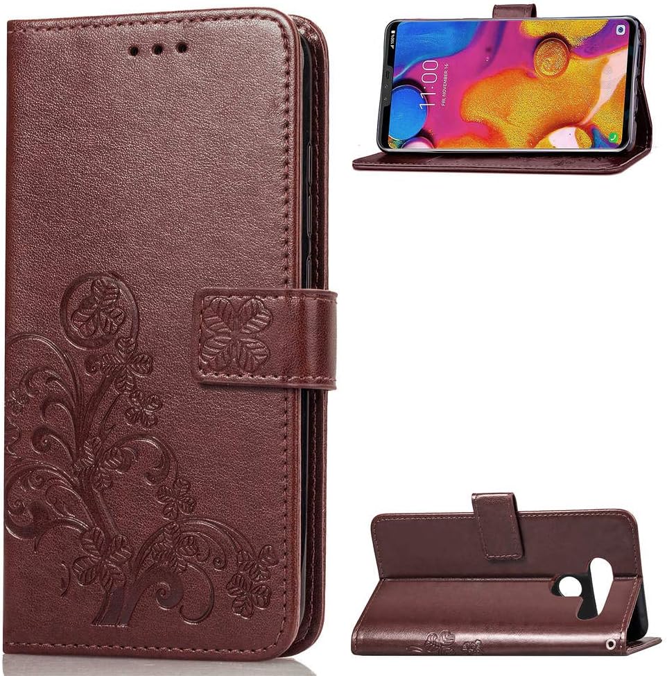 ISADENSER LG V40 ThinQ Case LG V40 Case Clover Design with Magnetic Closure Credit Card Slot Holder [Kickstand] Flip Folio Embossed PU Leather Wallet Case Cover for LG V40 ThinQ Lucky Clover Brown