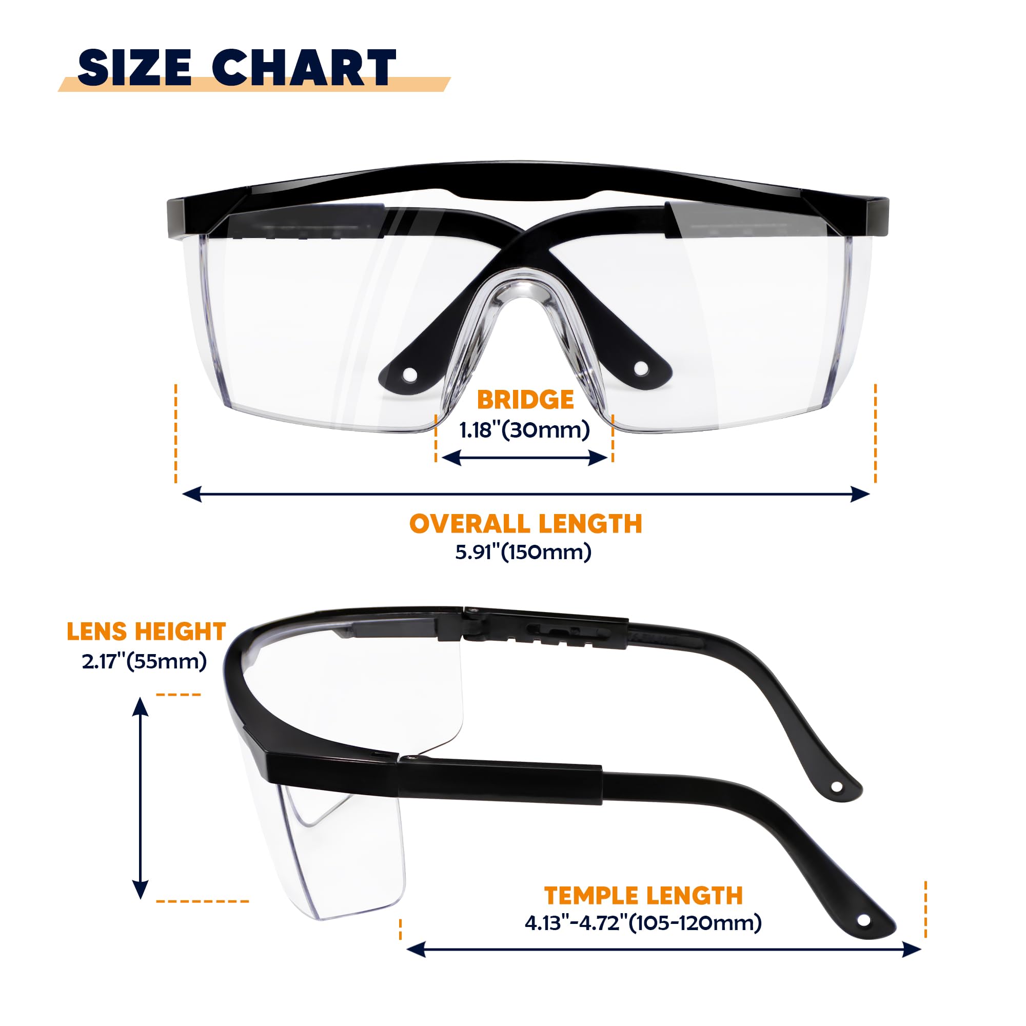 Gafas de seguridad transparentes, paquete de 12 gafas de seguridad ajustables, amplia visión, resistentes a los impactos, protección UV, protección ocular protectora para trabajo industrial