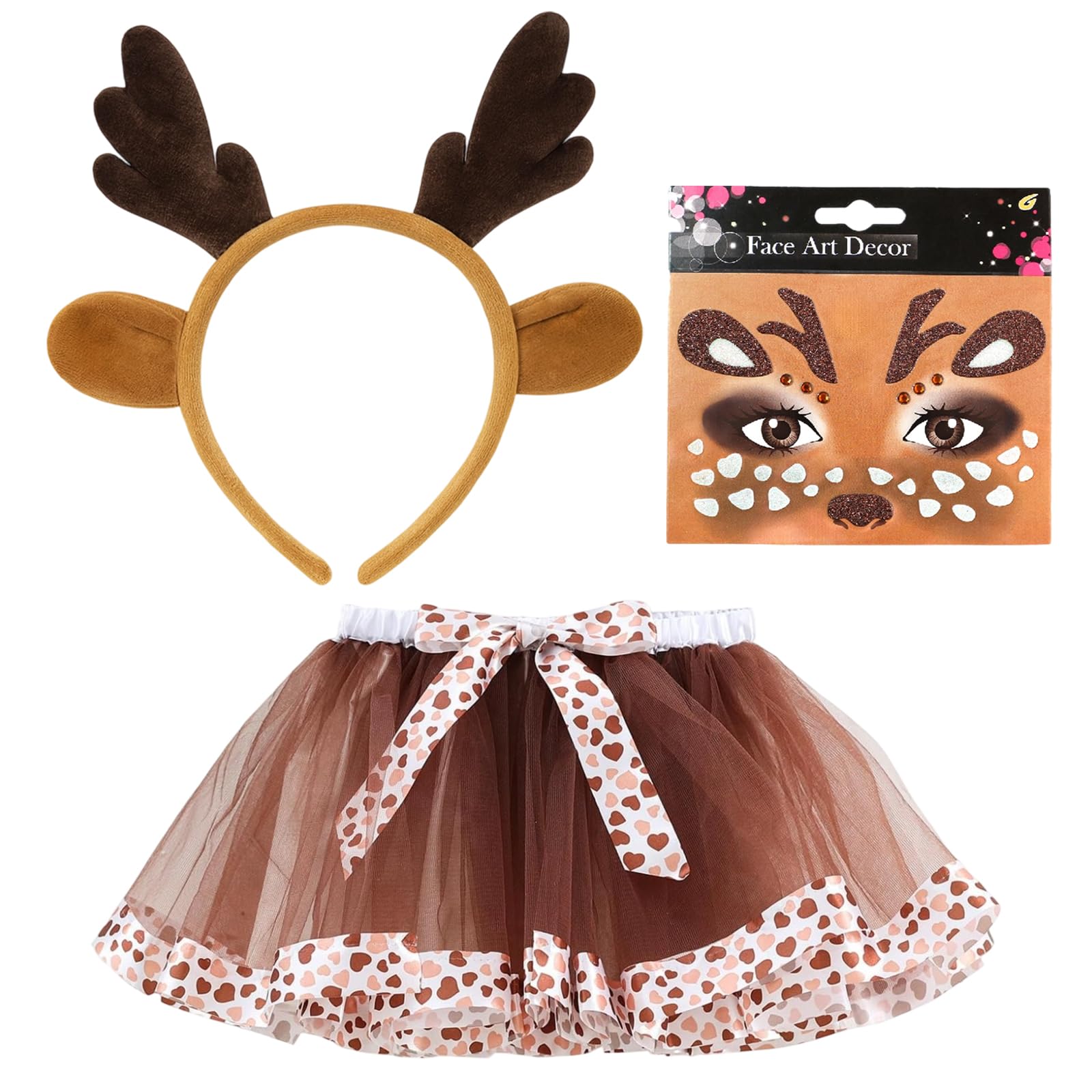 ZKFSIE 3 Pcs Reindeer Costume Kids, Brown Tutu Dress with Antler Headband and Face Tattoos, Christmas Fancy Dress for Girls, Animal Costume for Halloween Party and Role Play