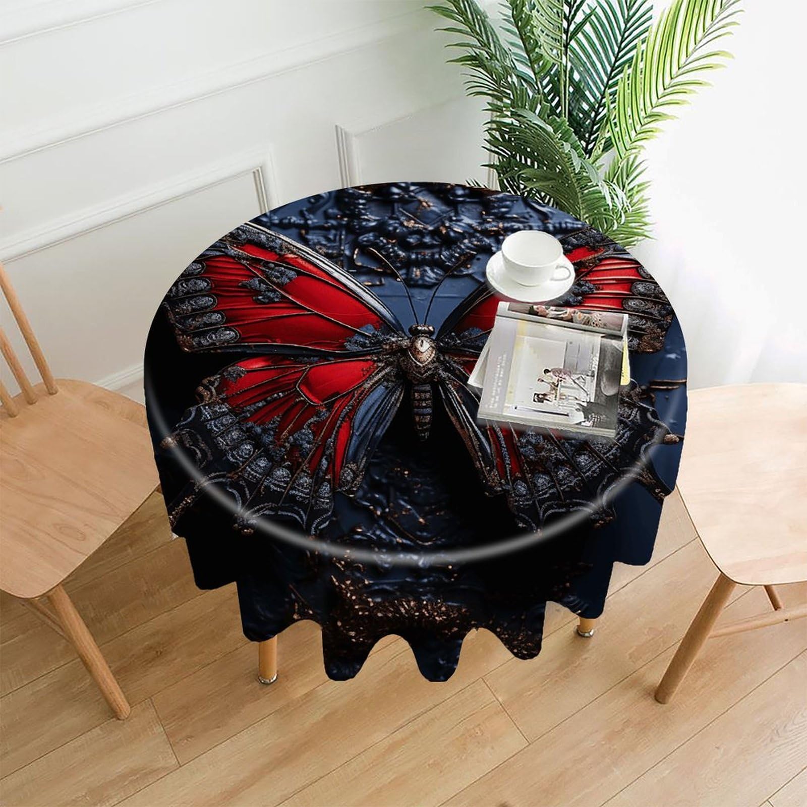 VstaDank Red Butterfly Tablecloth Easy to Clean Polyester Round Table Cover Washable Round Table Cloth Wrinkle-Free Circle Decoration Tablecloth for Kitchen Dining Room 60"