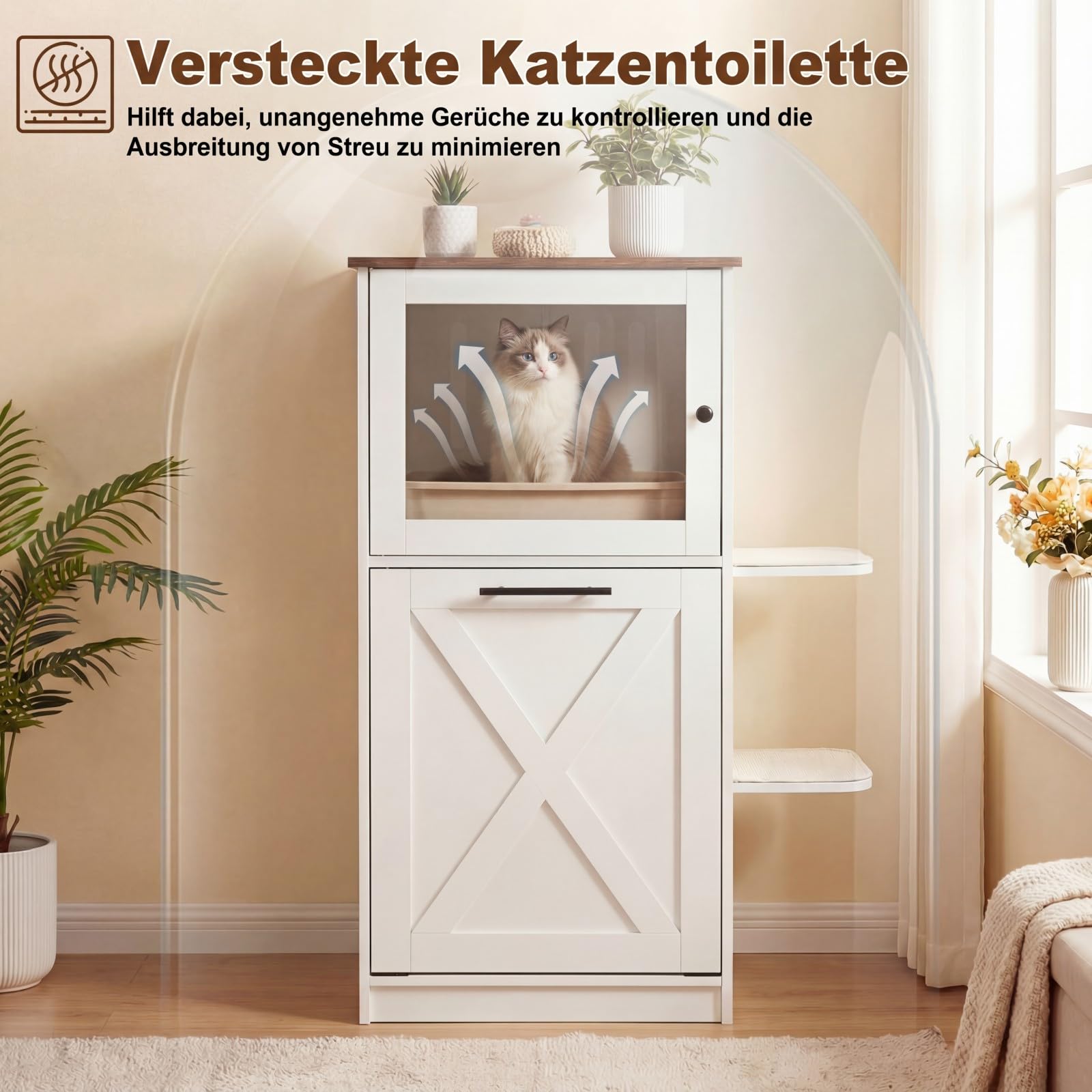COSTWAY Katzenklo Schrank, Katzenschrank mit 2 Sisal-Kratzmatten, Plattformen & Klappfach, 3 in 1 Katzenhaus Katzentoilette Beistelltisch, Holz, Katzenmöbel für Wohnzimmer, modern, Weiß
