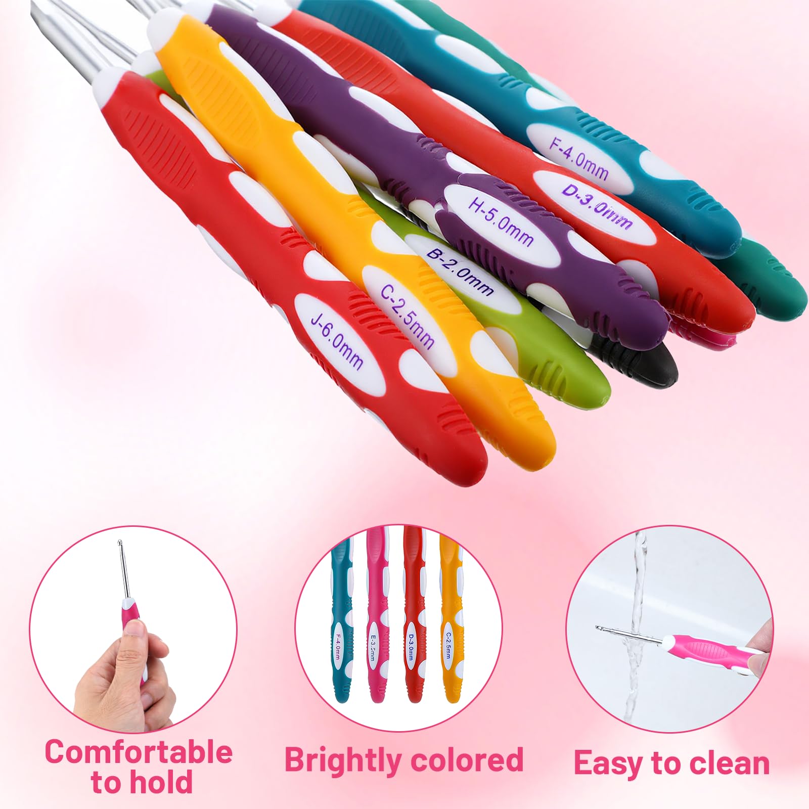 SULIKJHUI 9 Pcs Ergonomic Crochet Hooks with Handle, Crochet Hook Set Ergonomic Soft Grip for Arthritis Crochets Hooks, 2.0-6.0mm (B-J) Stainless Steel, 6.5 Inch for Beginners & Seniors - 5