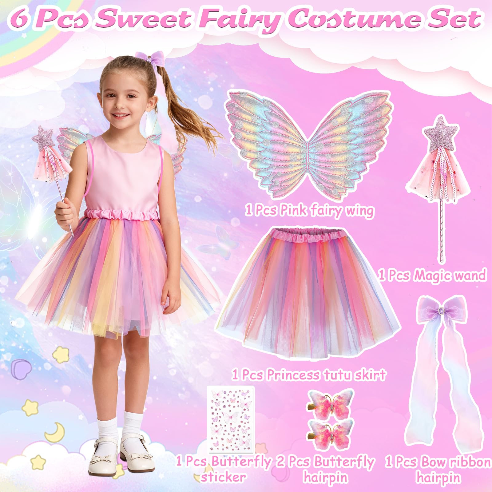 Xerteam 7 Pcs Fairy Costume Set for Girls Butterfly Wings Costume Set including wings Ballet Tutu Skirt Wand Hairpin Butterfly Stickers - Image 3