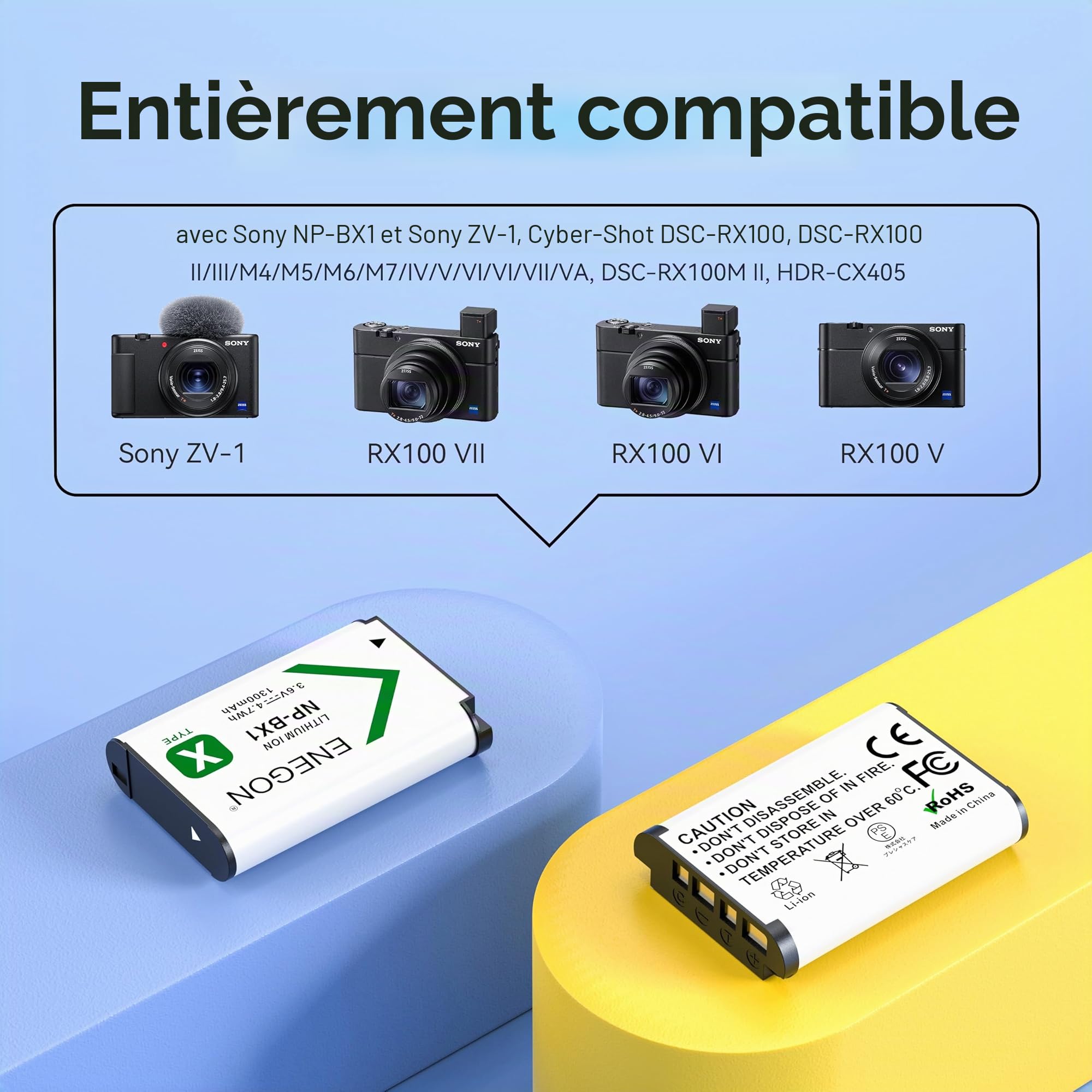 Batterie ENEGON NP-BX1 (Pack de 2 1300mAh) et kit de Chargeur LCD compatibles avec Sony NP-BX1 et Sony ZV-1, Cyber-Shot DSC-RX100, DSC-RX100 II/III/M4/M5/M6/M7/Ⅳ/Ⅴ/Ⅵ/Ⅶ/VA, DSC-RX100M II, HDR-CX405